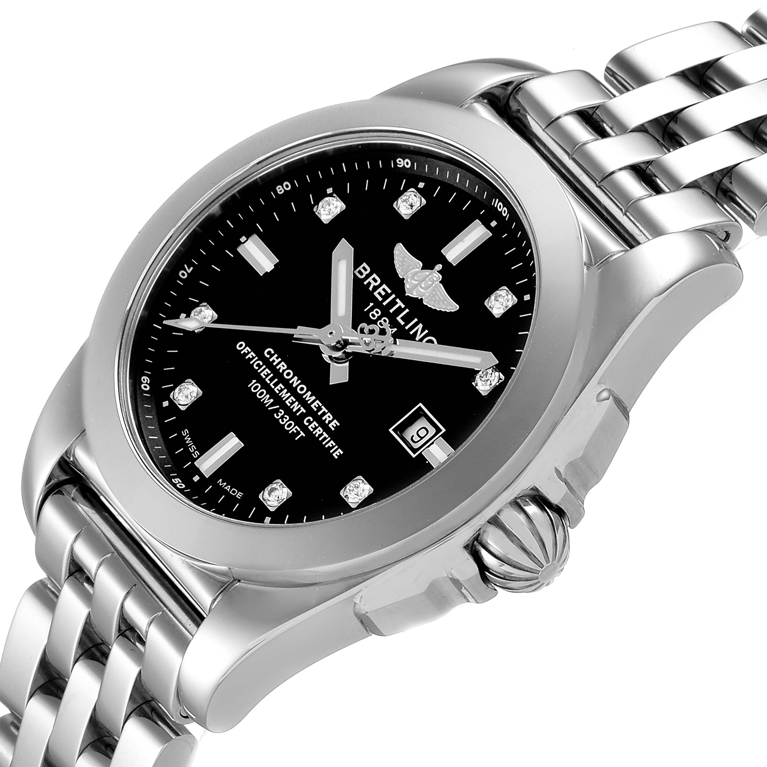 The image shows a close-up view of the face and part of the bracelet of a Breitling W72348 Women's Stainless Steel Black Dial W72348 Women's Stainless Steel Black Dial Galactic 29 Diamond Dial Steel Ladies Watch W72348.