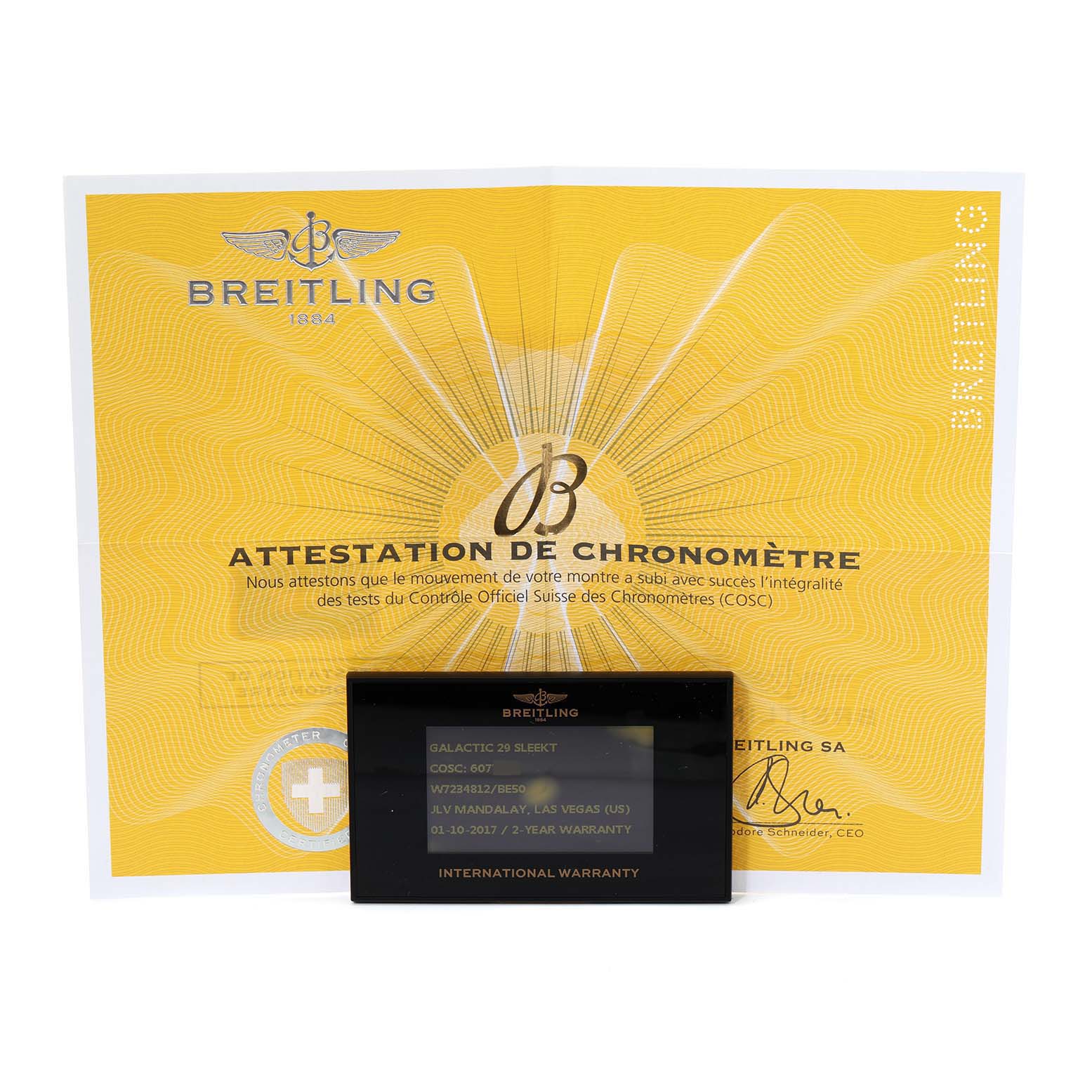 The image shows the certificate and warranty card for the Breitling W72348 Women's Stainless Steel Black Dial W72348 Women's Stainless Steel Black Dial Galactic 29 Diamond Dial Steel Ladies Watch W72348.