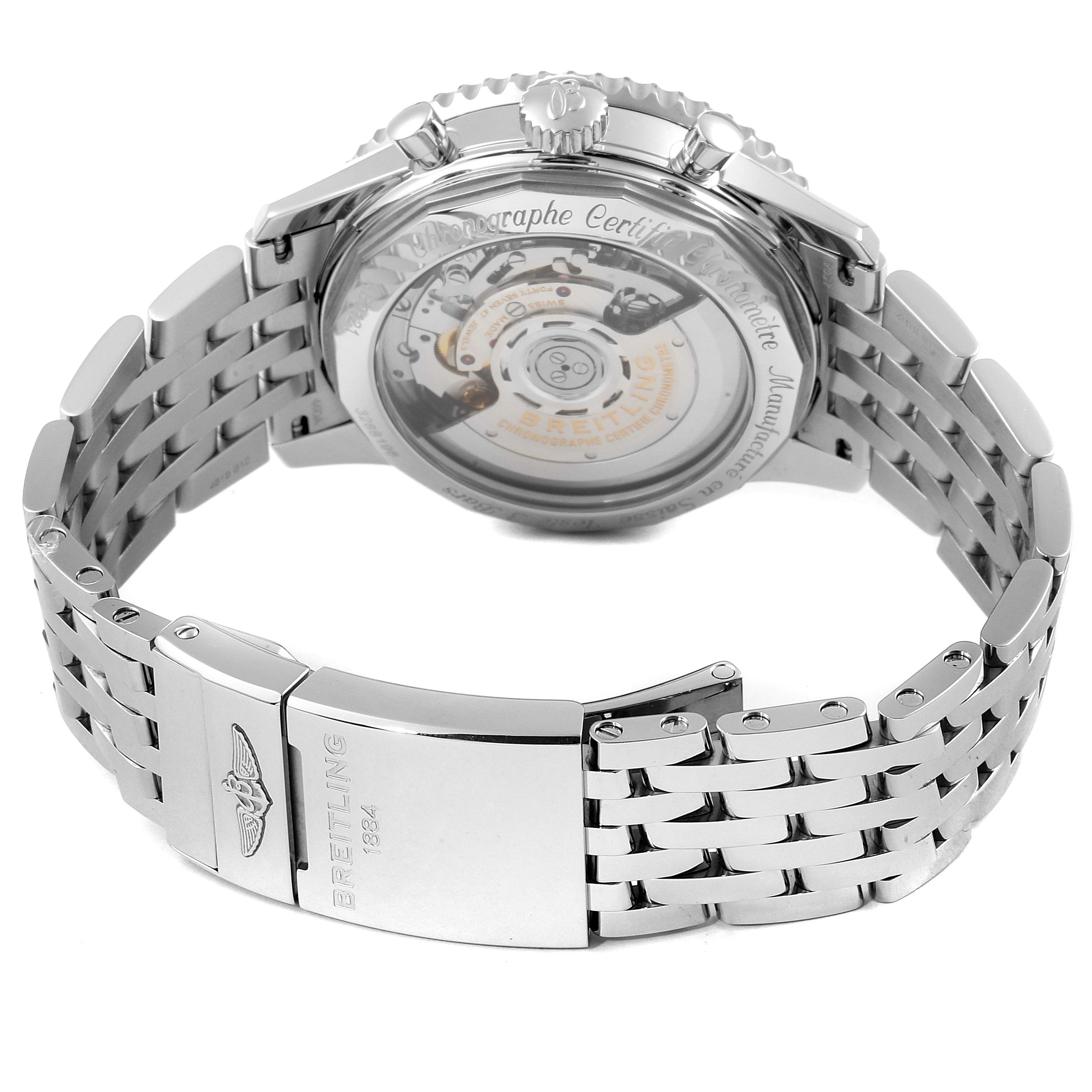 The image shows the Breitling Navitimer AB0121 Men
s Stainless Steel Black Dial AB0121 Men
s Stainless Steel Black Dial
s back case and bracelet from a rear angle.