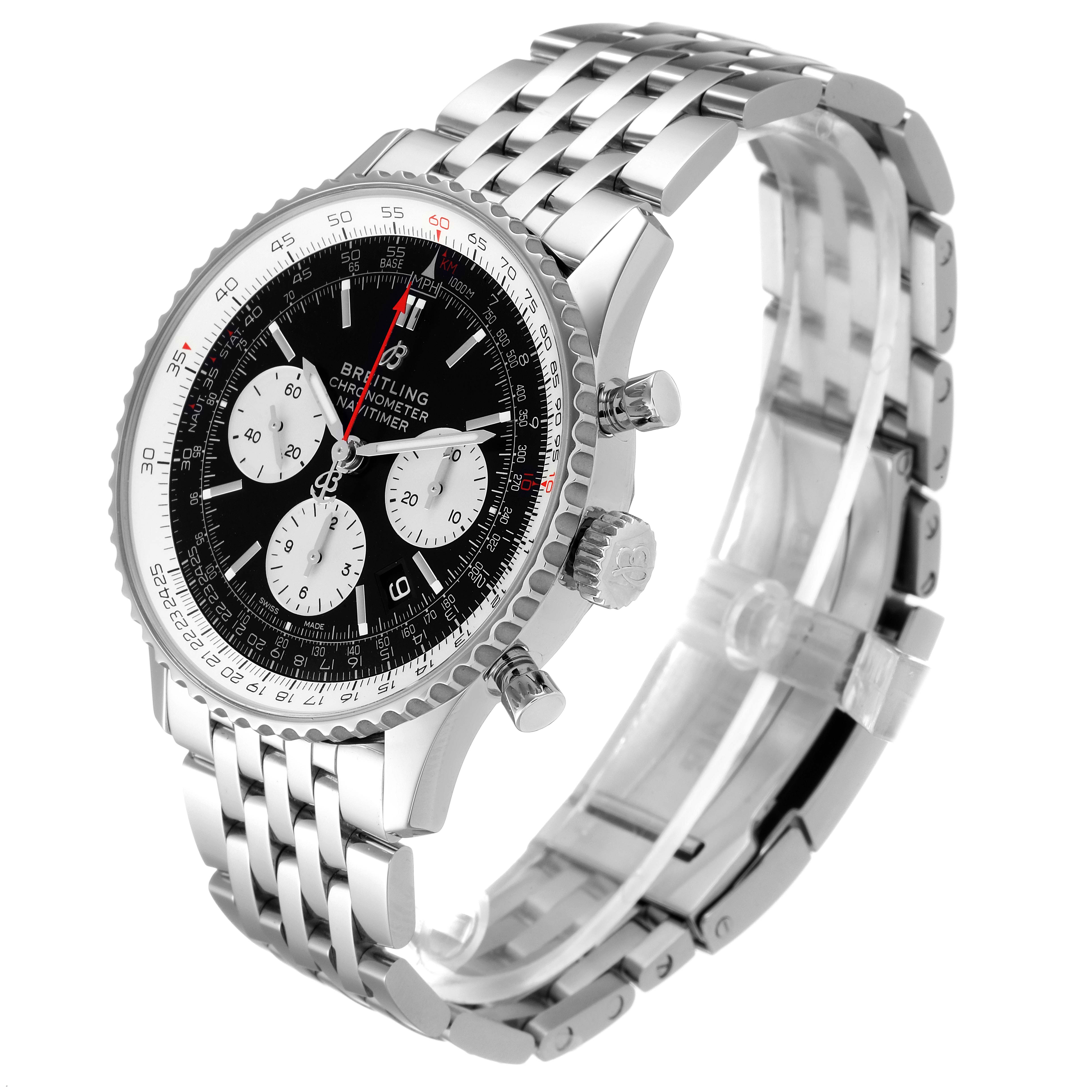 The Breitling Navitimer AB0121 Men
s Stainless Steel Black Dial AB0121 Men
s Stainless Steel Black Dial watch is shown at a slight angle, displaying the face, bezel, crown, pushers, and metal bracelet.