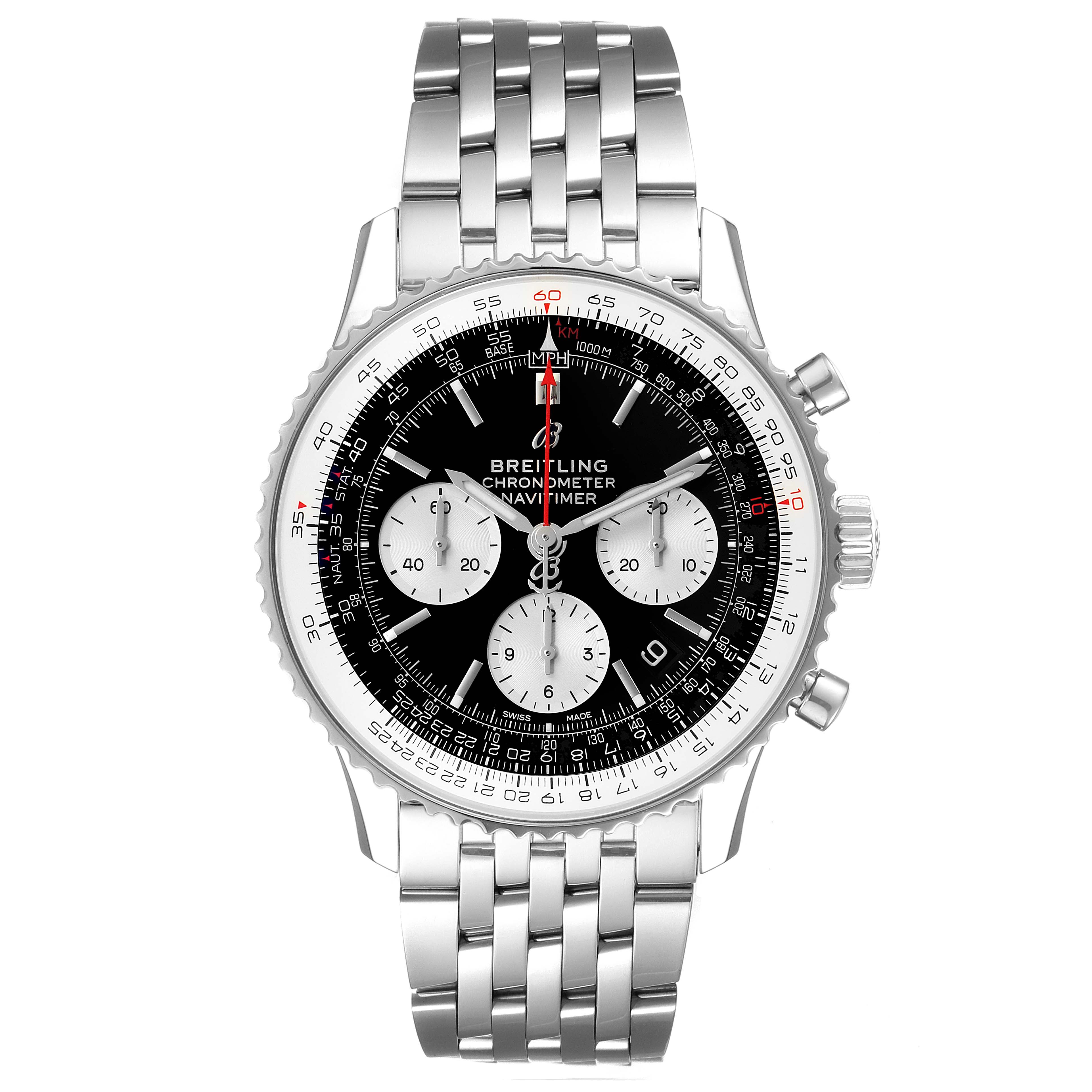 The image shows a front view of the Breitling Navitimer AB0121 Men
s Stainless Steel Black Dial AB0121 Men
s Stainless Steel Black Dial watch with a black dial and metal bracelet.