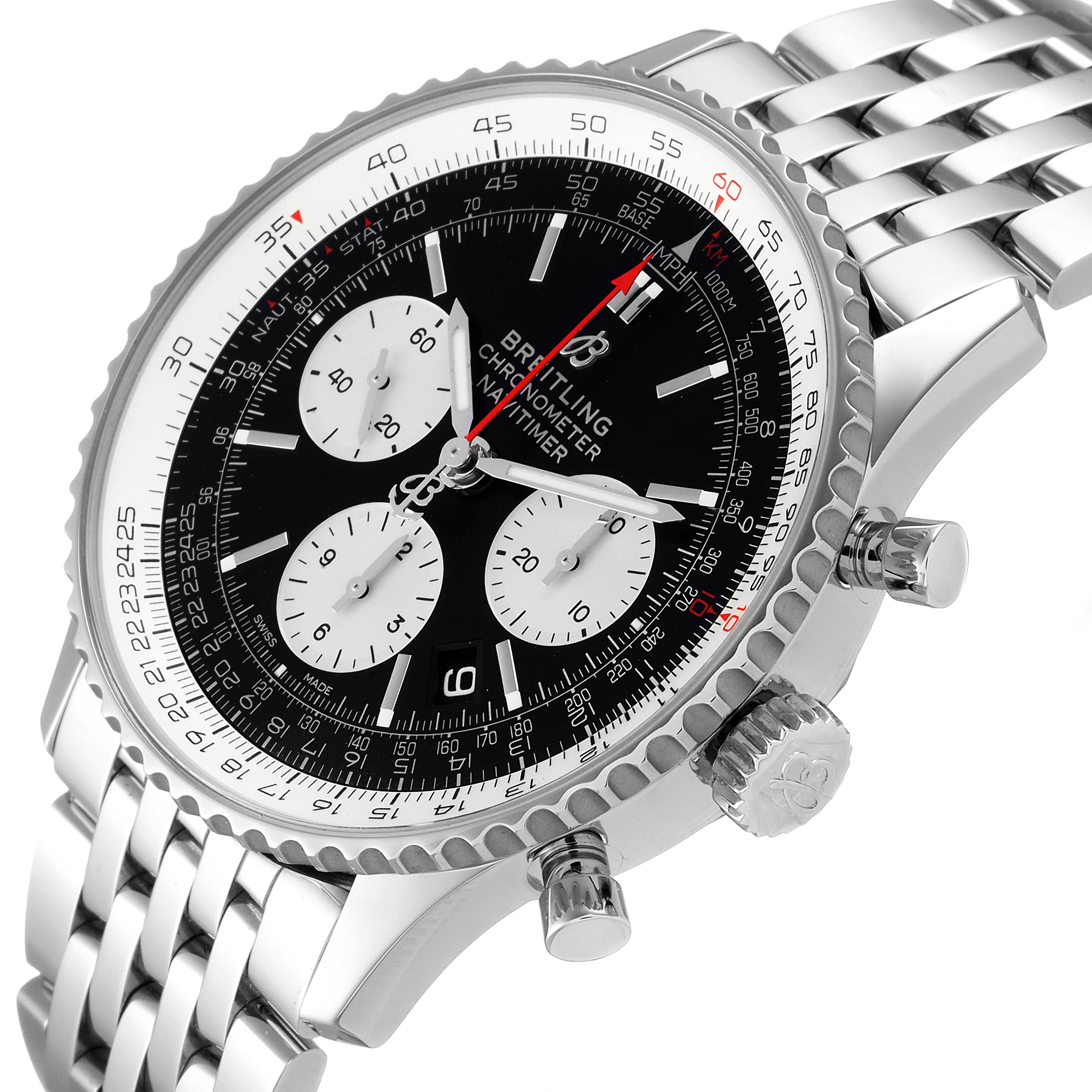 The image shows a close-up, angled view of a Breitling Navitimer AB0121 Men
s Stainless Steel Black Dial AB0121 Men
s Stainless Steel Black Dial watch, including the dial, bezel, crown, and part of the bracelet.