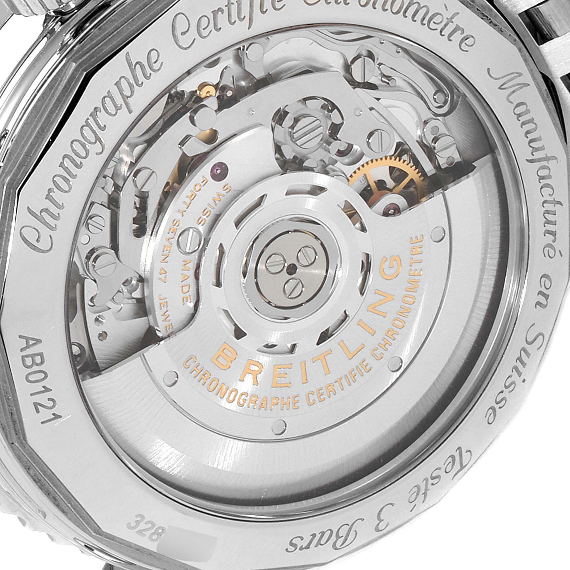 The image shows the back view of the Breitling Navitimer AB0121 Men
s Stainless Steel Black Dial AB0121 Men
s Stainless Steel Black Dial watch, revealing its intricate mechanical movement and engraved details.