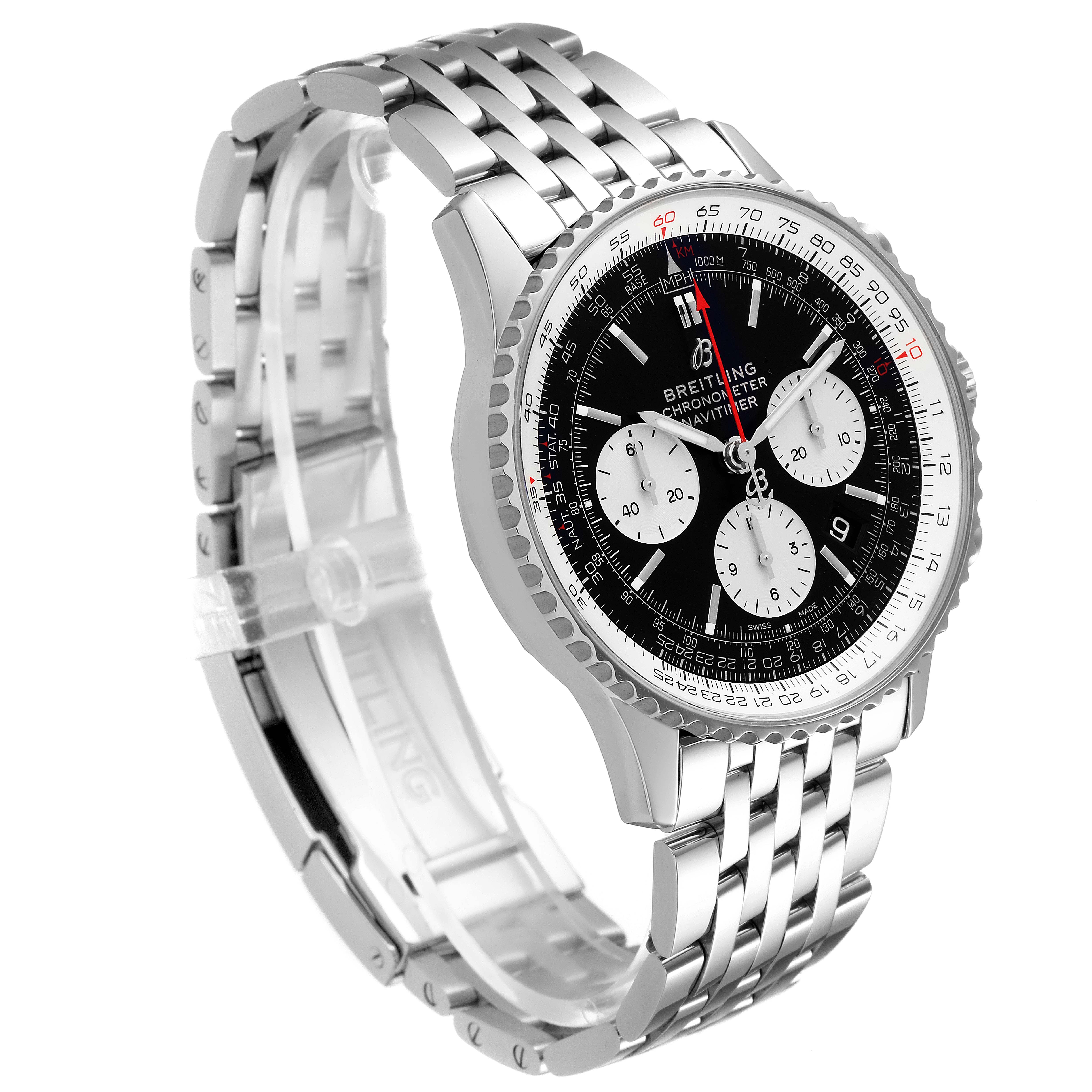 This image shows a Breitling Navitimer AB0121 Men
s Stainless Steel Black Dial AB0121 Men
s Stainless Steel Black Dial model watch at a slight angle, highlighting its face and metal bracelet.