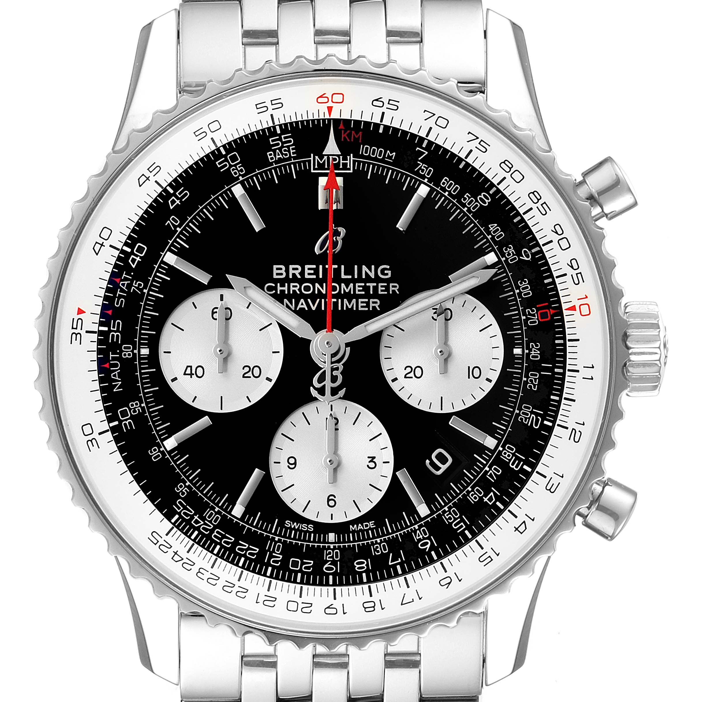 This image shows a front angle of the Breitling Navitimer AB0121 Men
s Stainless Steel Black Dial AB0121 Men
s Stainless Steel Black Dial watch, highlighting its dial, bezel, and stainless steel bracelet.