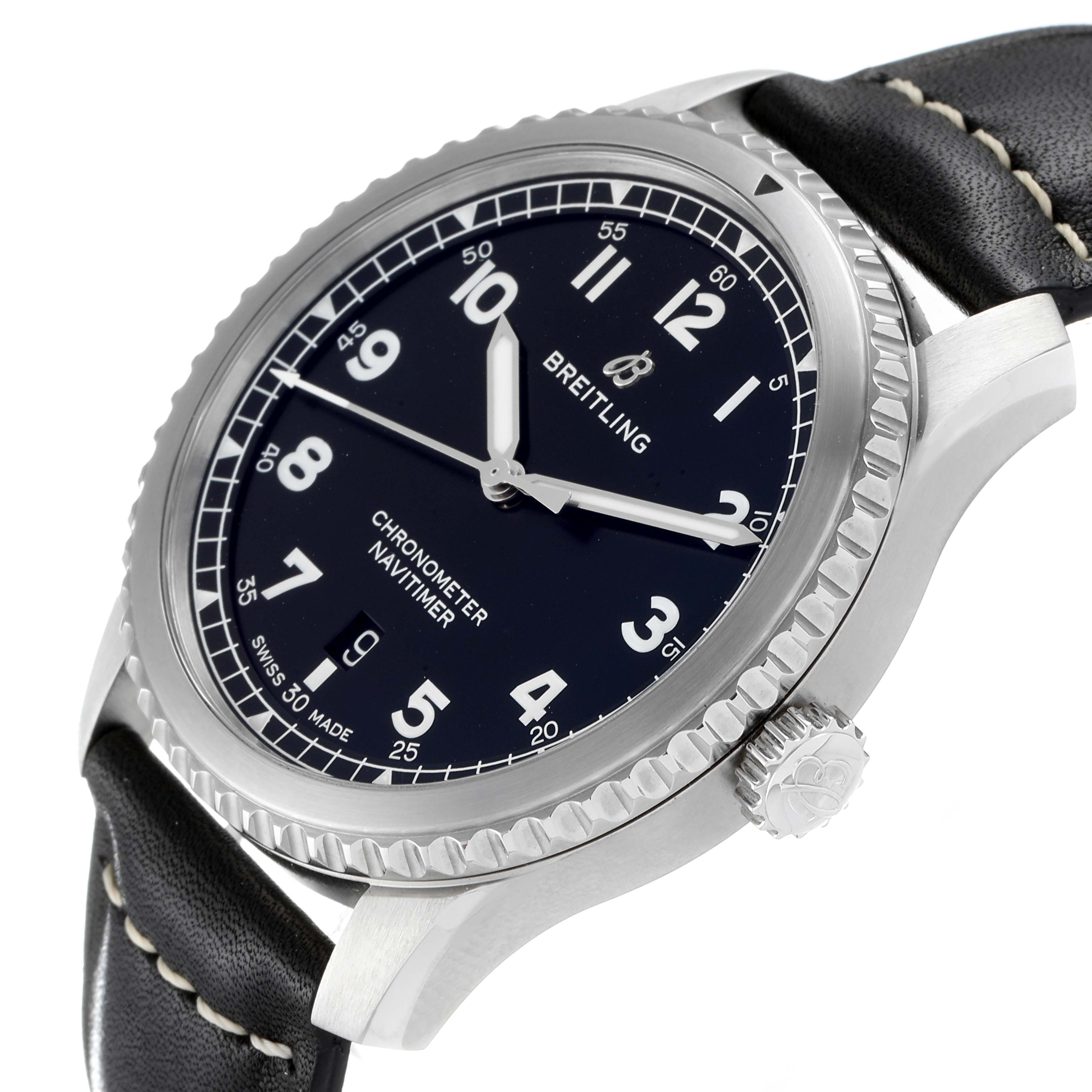 This image shows a close-up of a Breitling Navitimer A17314 Men
s Stainless Steel Black Dial A17314 Men
s Stainless Steel Black Dial watch face, bezel, crown, and part of the leather strap.