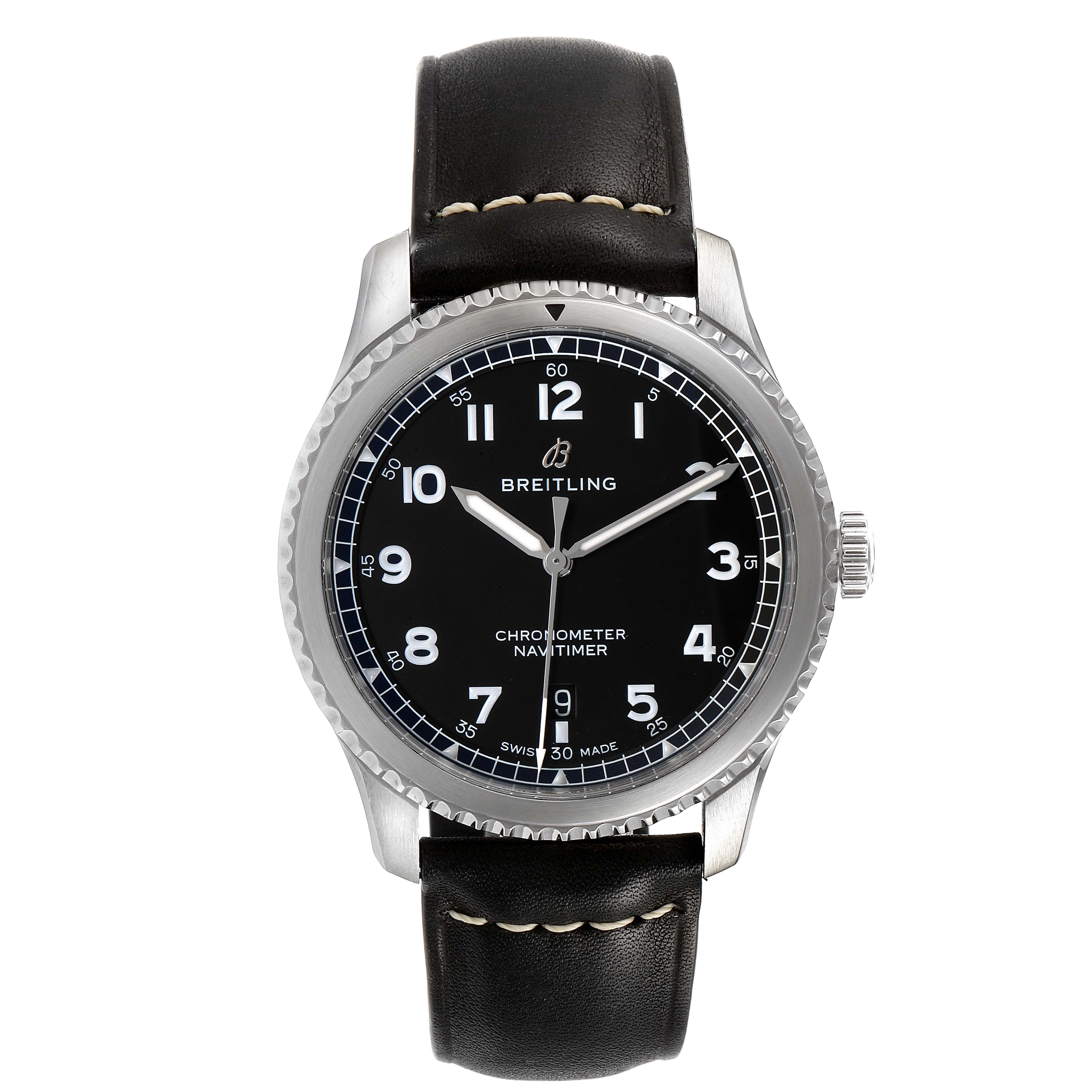 This image shows a front view of a Breitling Navitimer A17314 Men
s Stainless Steel Black Dial A17314 Men
s Stainless Steel Black Dial watch, highlighting its dial, case, and leather strap.