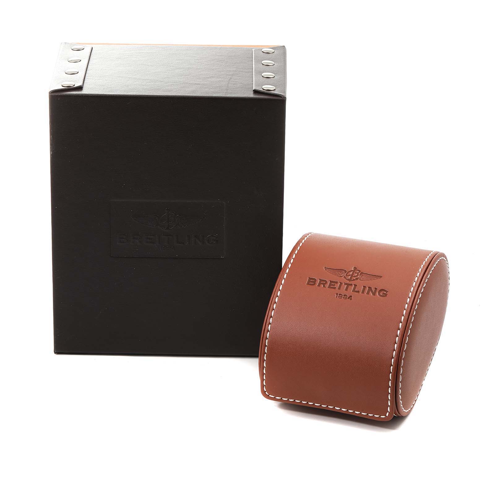 This image shows the packaging and leather case for a Breitling Navitimer A17314 Men
s Stainless Steel Black Dial A17314 Men
s Stainless Steel Black Dial watch.