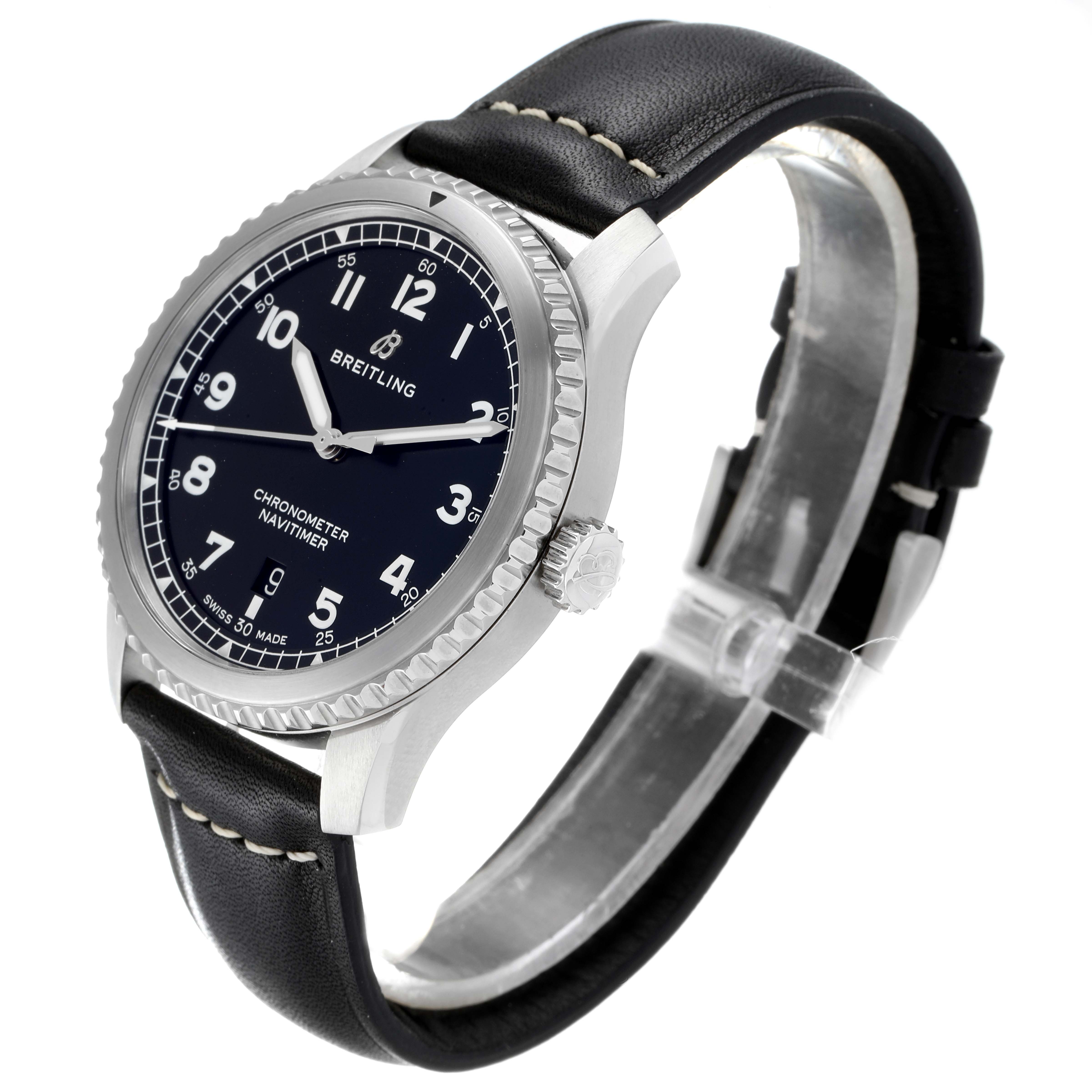 This image shows a Breitling Navitimer A17314 Men
s Stainless Steel Black Dial A17314 Men
s Stainless Steel Black Dial watch at an angled side view, highlighting the face, bezel, crown, and leather strap.