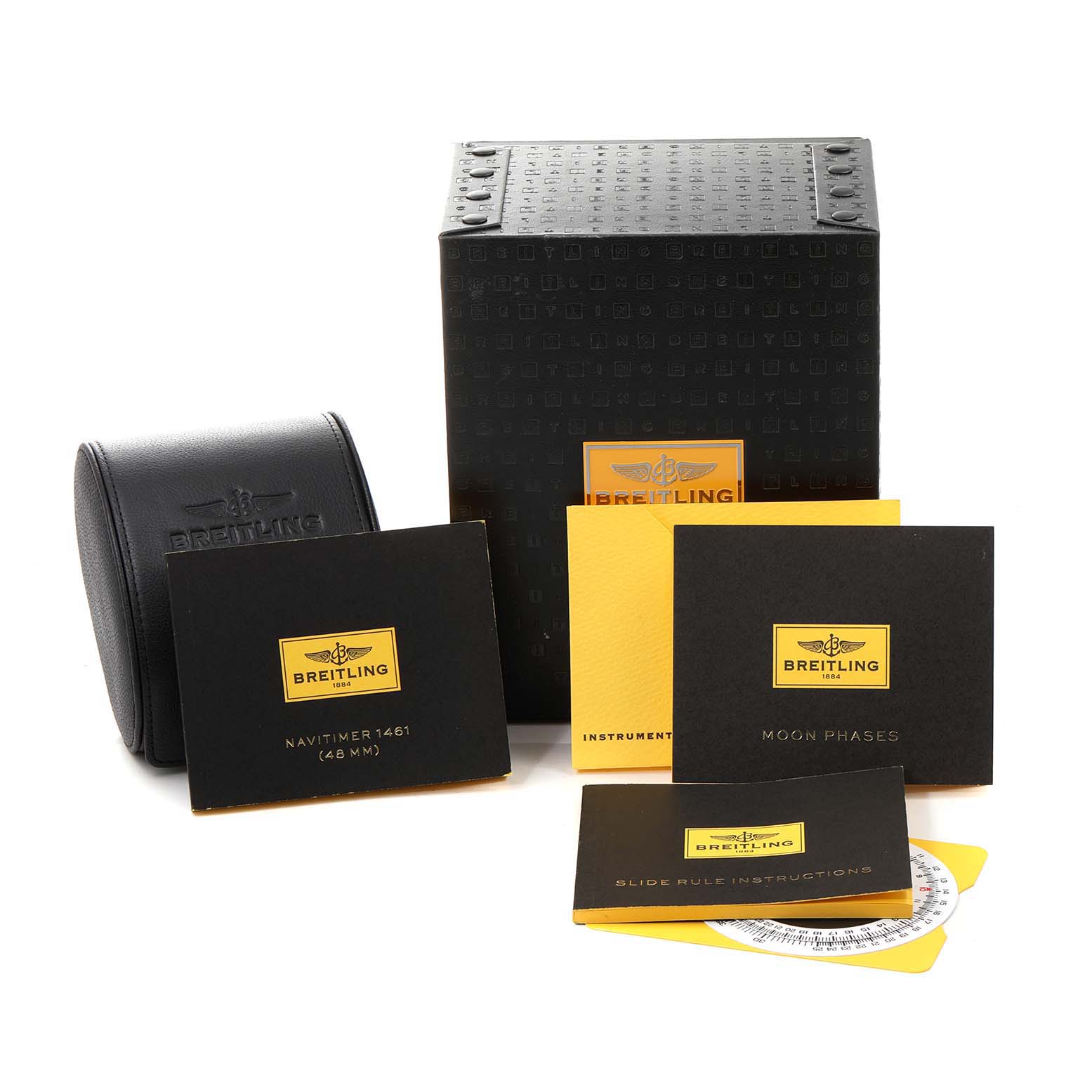 The image shows the packaging and accessories for a Breitling Navitimer A19380 Men
s Stainless Steel Black Dial A19380 Men
s Stainless Steel Black Dial watch, including the box, case, and instructional booklets.
