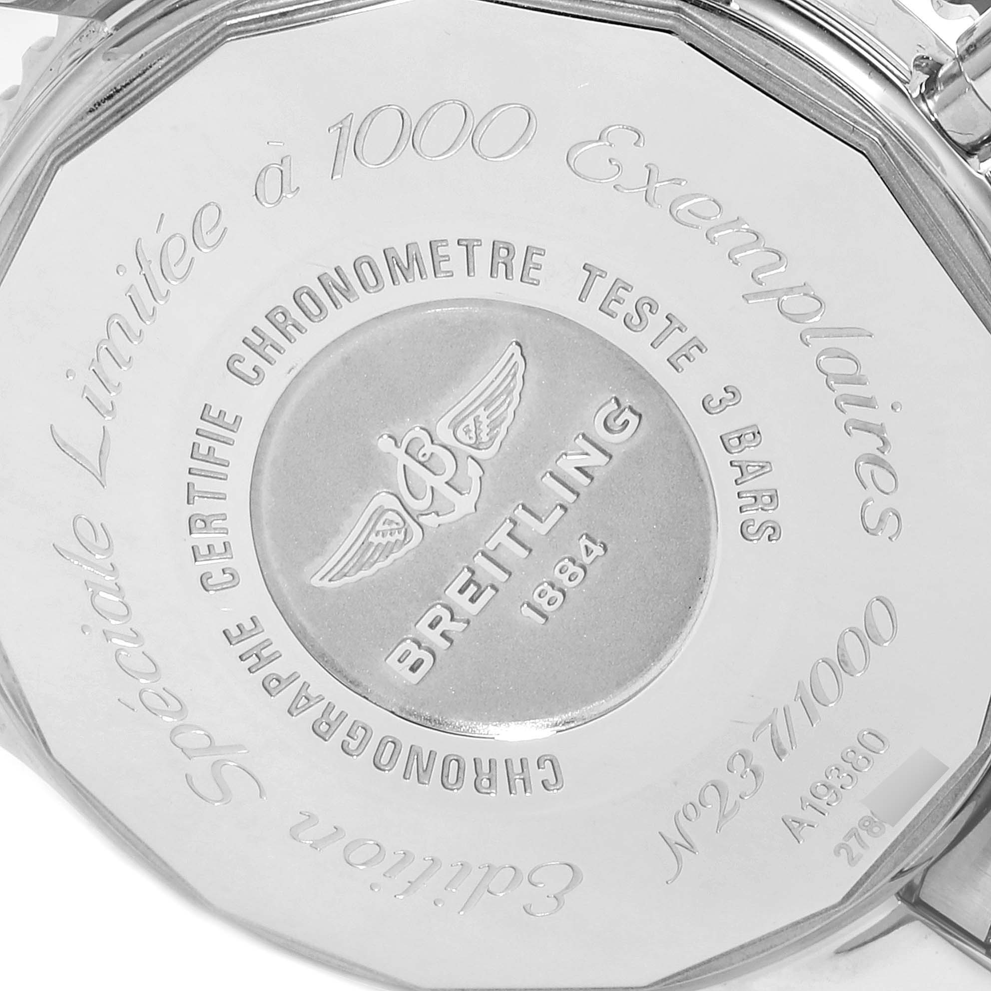 This image shows the back case of a Breitling Navitimer A19380 Men
s Stainless Steel Black Dial A19380 Men
s Stainless Steel Black Dial watch, featuring engraved details about its model and limited edition number.