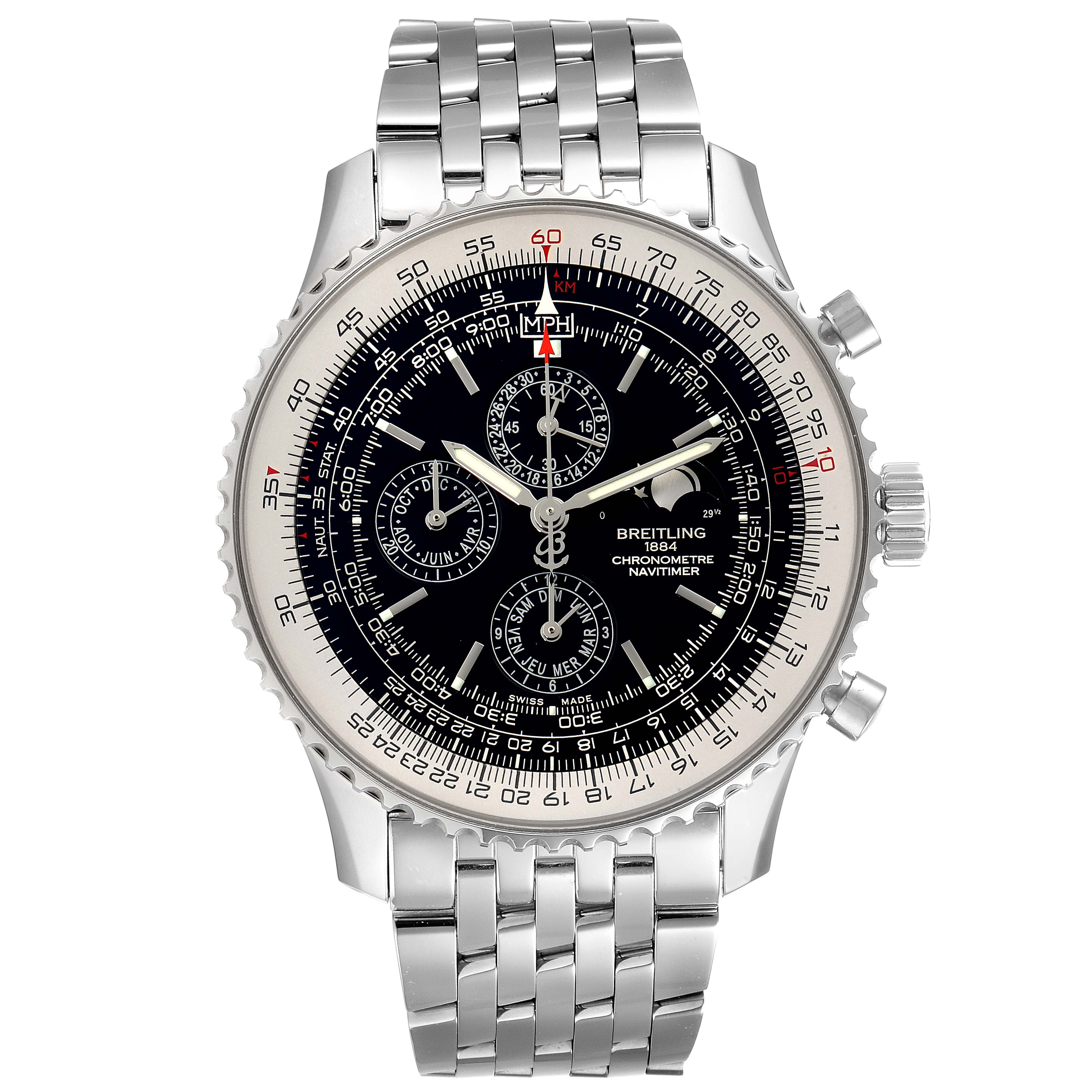 This Breitling Navitimer A19380 Men
s Stainless Steel Black Dial A19380 Men
s Stainless Steel Black Dial watch is shown from a front angle, highlighting its dial, bezel, and bracelet.