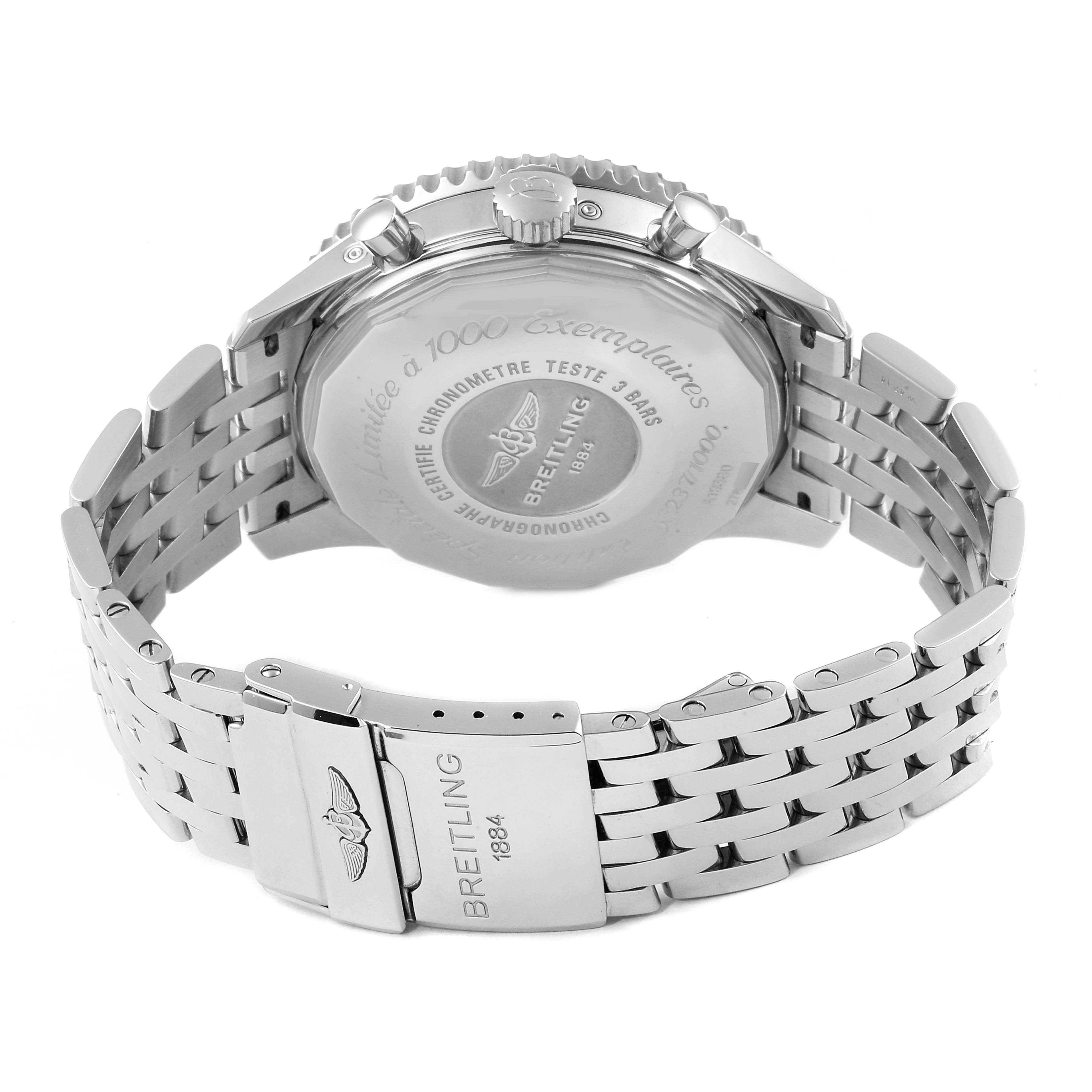 This image shows the back and clasp of a Breitling Navitimer A19380 Men
s Stainless Steel Black Dial A19380 Men
s Stainless Steel Black Dial watch at a slight angle.