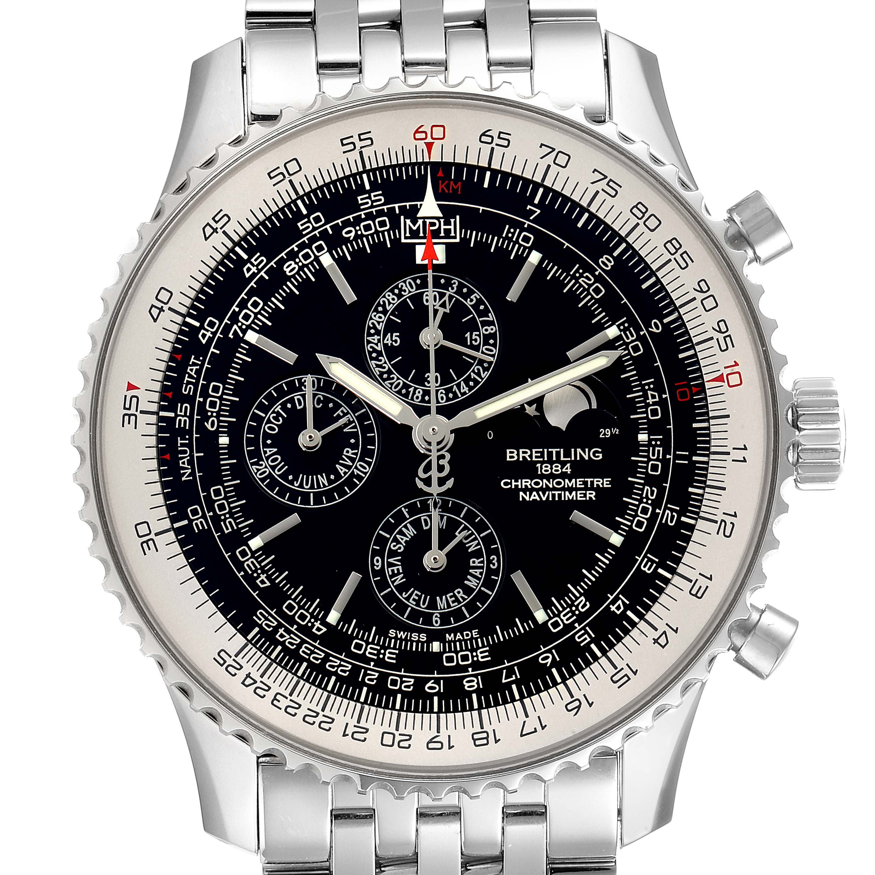 The image shows a front view of a Breitling Navitimer A19380 Men
s Stainless Steel Black Dial A19380 Men
s Stainless Steel Black Dial watch, highlighting its detailed face, bezel, and metal bracelet.