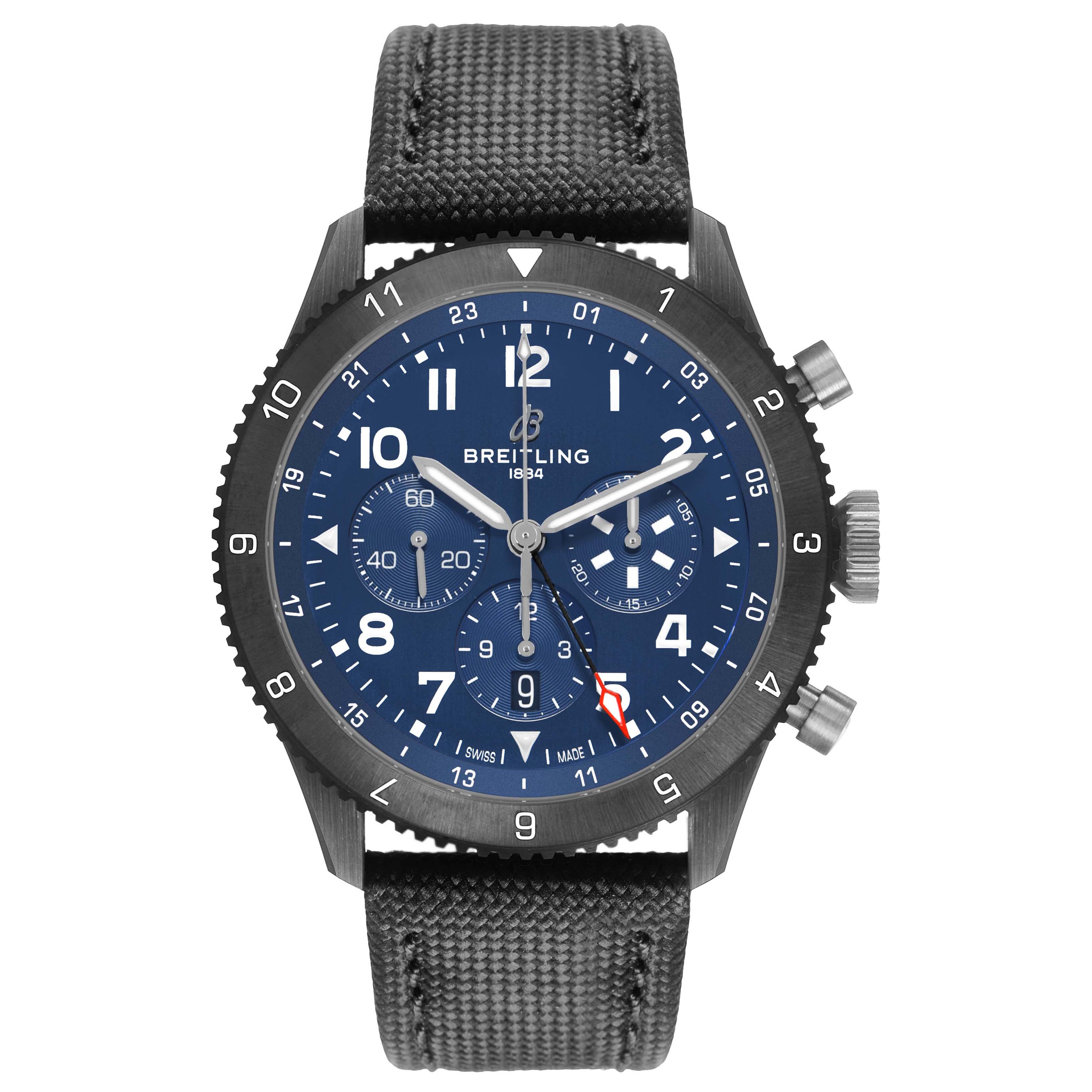The Breitling Aviator SB04452A1C1X1 Men's Ceramic Blue Dial watch is shown from a front angle, displaying the face, band, and side buttons.