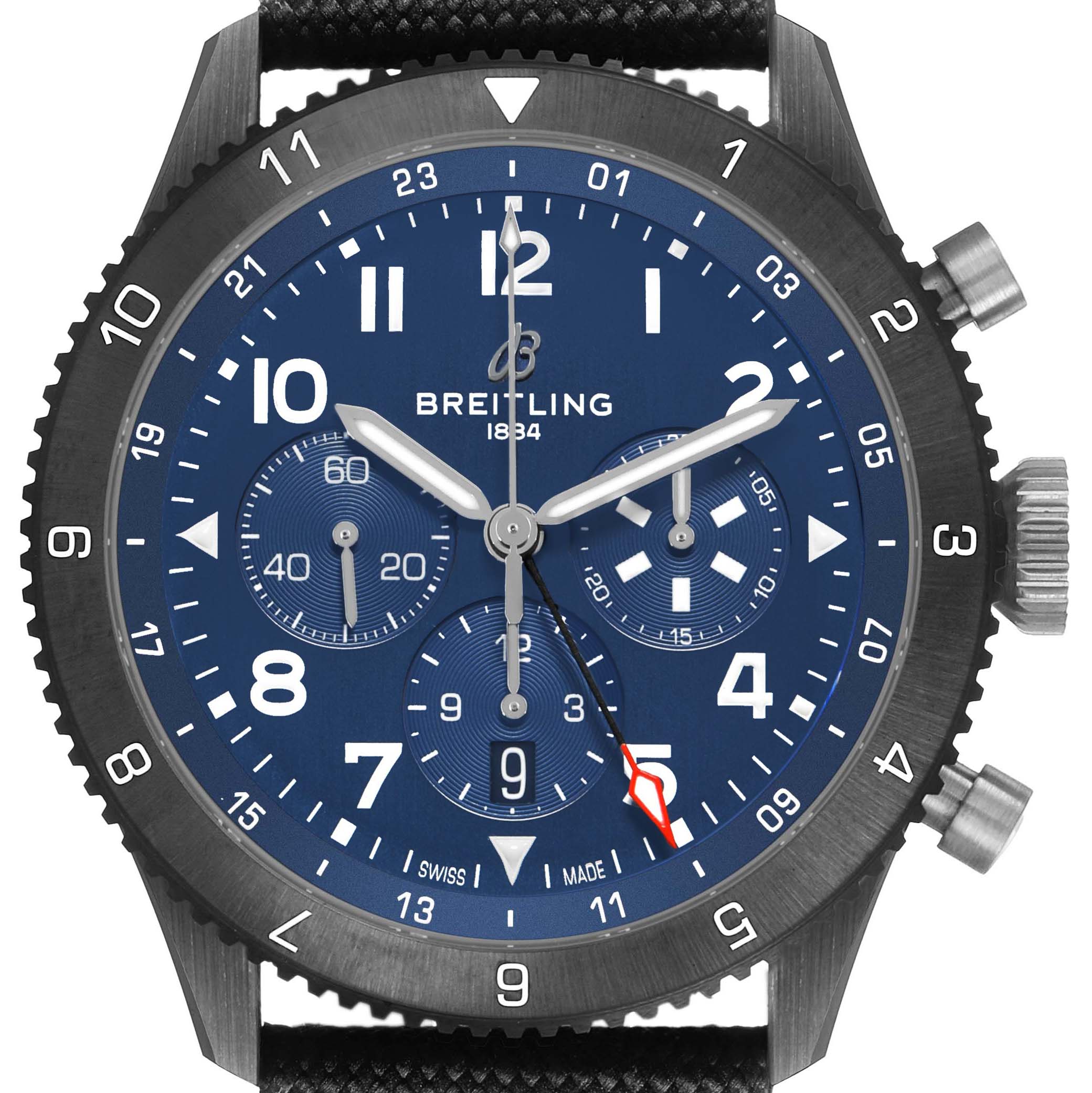The Breitling Aviator SB04452A1C1X1 Men's Ceramic Blue Dial watch is shown from the front, featuring a blue dial, chronograph subdials, and luminous hands and markers.
