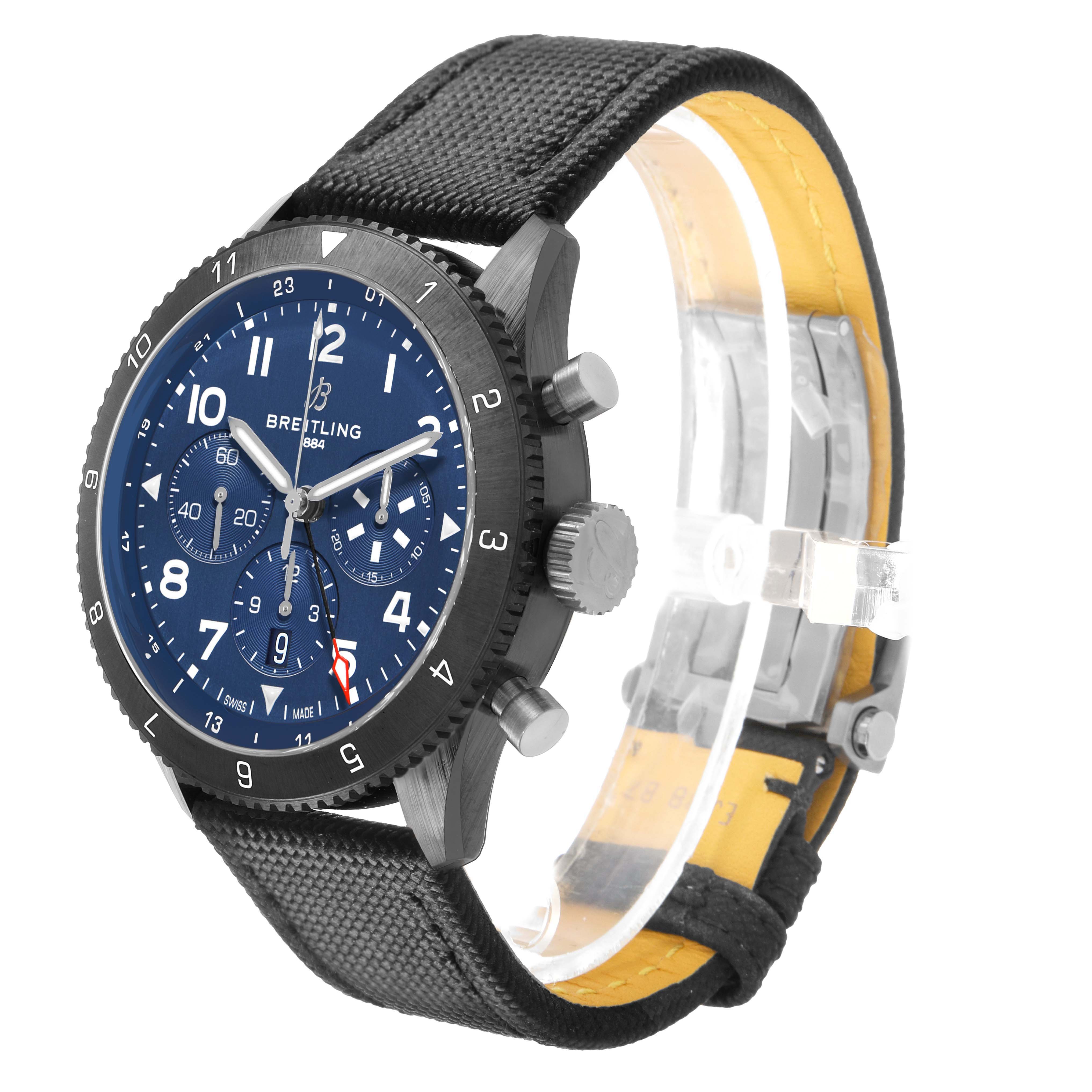 The Breitling Aviator SB04452A1C1X1 Men's Ceramic Blue Dial watch is shown at a three-quarter angle, displaying its face, bezel, crown, and strap.