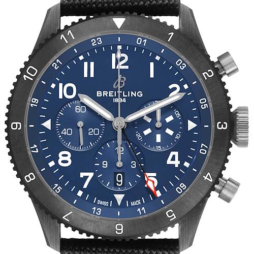 The Breitling Aviator SB04452A1C1X1 Men's Ceramic Blue Dial watch is shown from the front, highlighting its face, dial, bezel, and crown.