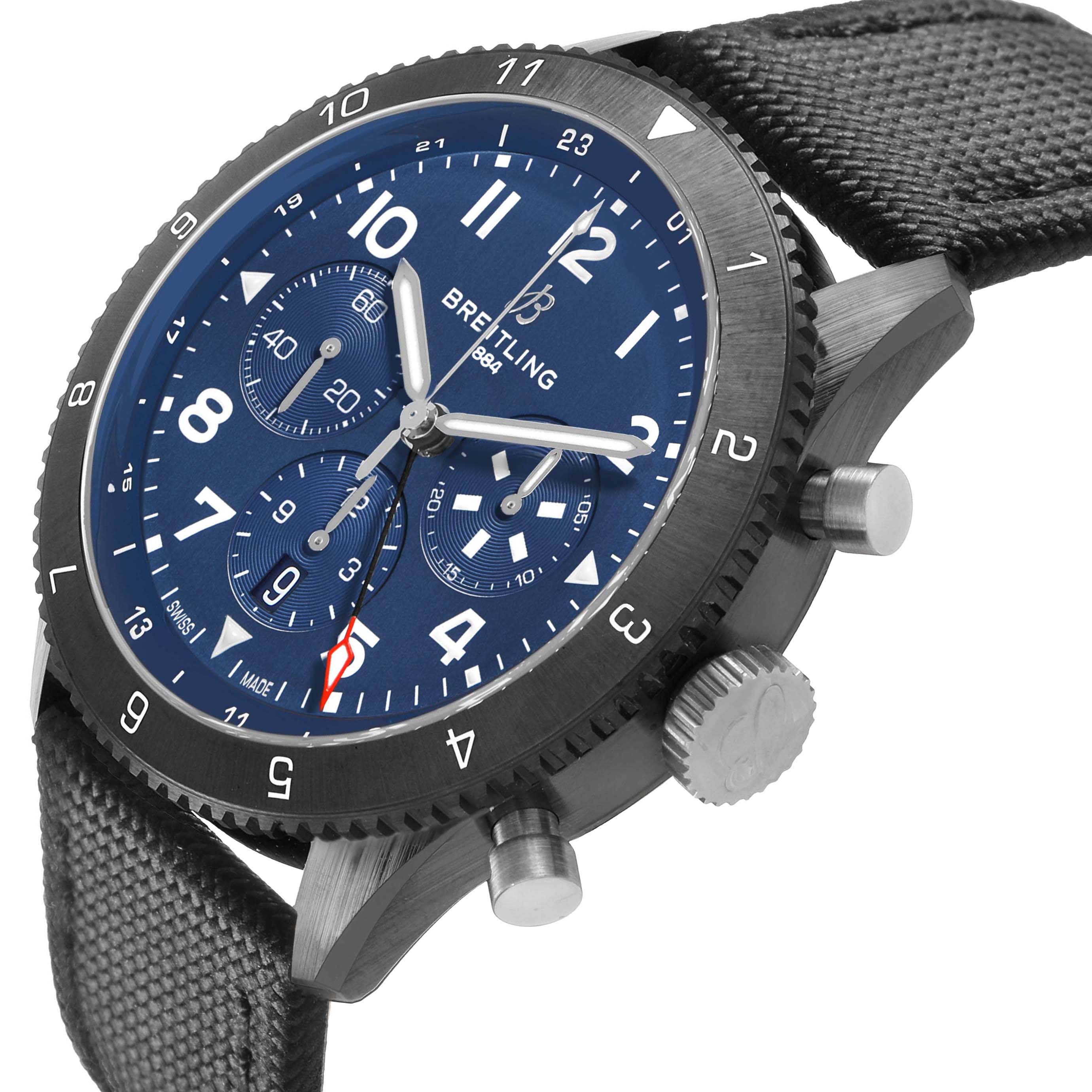 The Breitling Aviator SB04452A1C1X1 Men's Ceramic Blue Dial watch is shown at a side angle, displaying the blue dial, chronograph subdials, bezel, and crown.