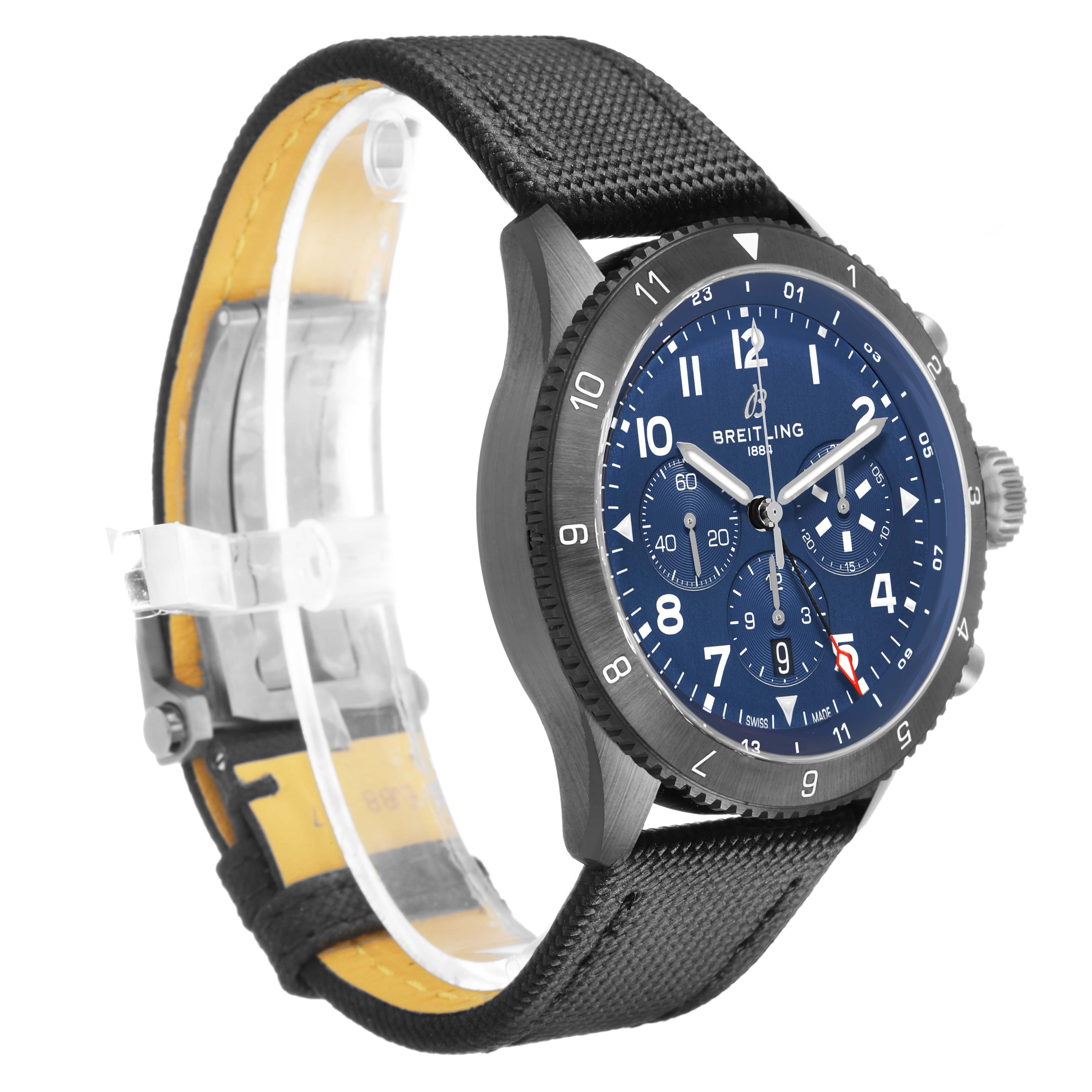 The Breitling Aviator SB04452A1C1X1 Men's Ceramic Blue Dial watch is shown at a three-quarter angle, displaying the face, bezel, and strap.