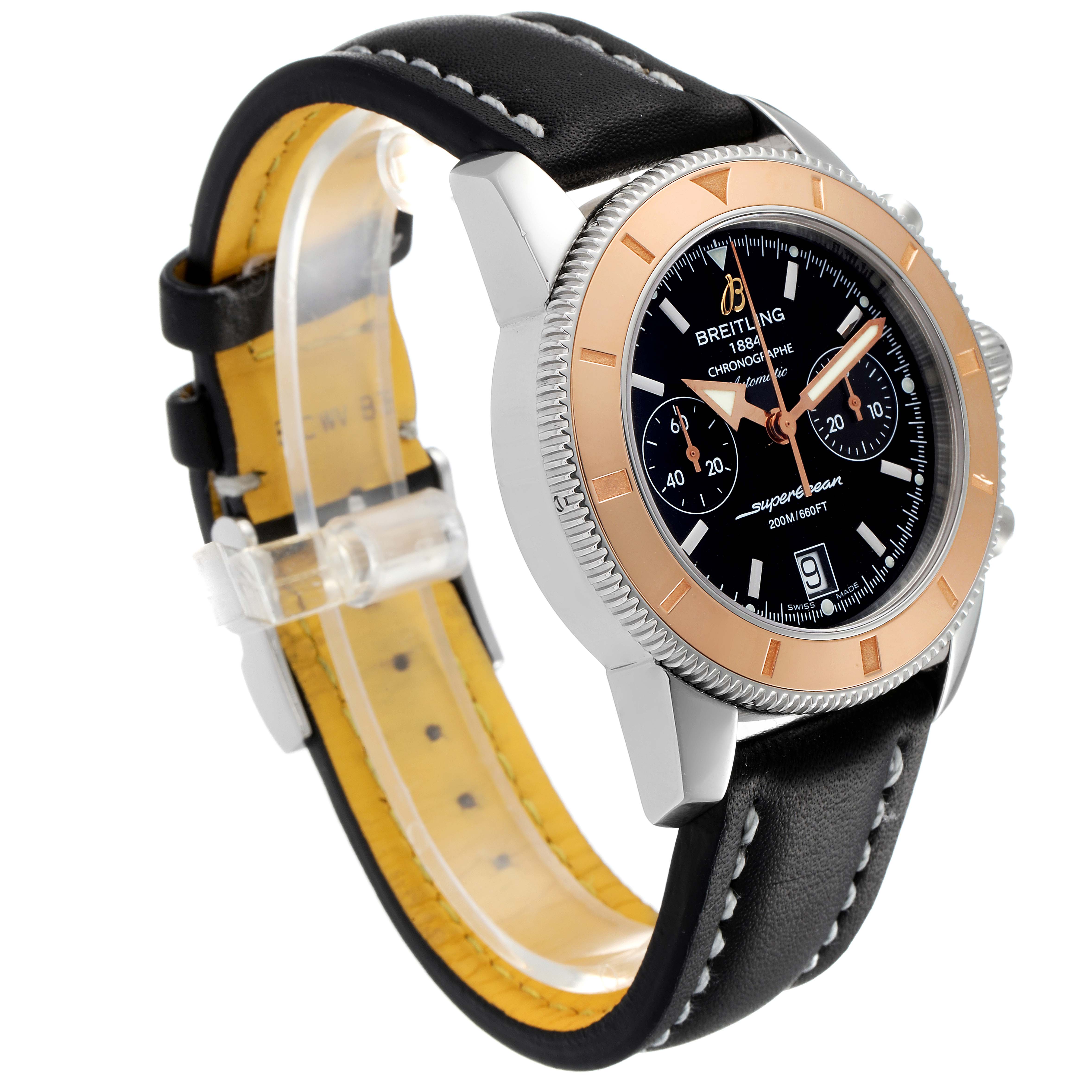 The image shows a Breitling Superocean U2337012/BB81-435X Men's Steel and Gold (two tone) Black Dial U2337012/BB81-435X Men's Steel and Gold (two tone) Black Dial watch at an oblique angle, highlighting the dial, bezel, case, and leather strap.