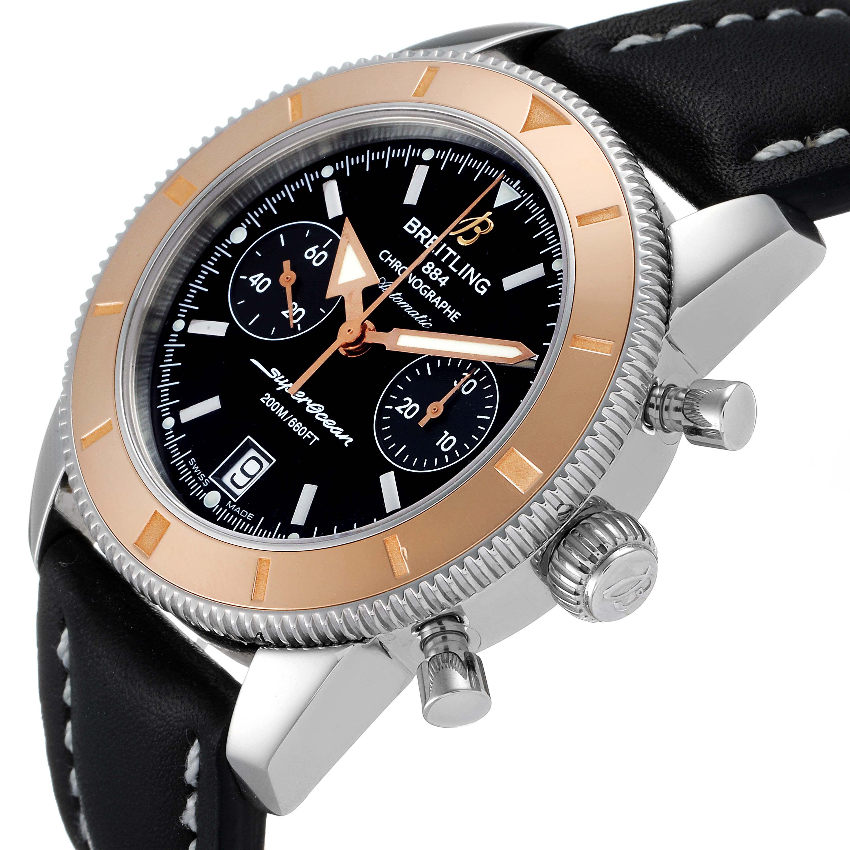 The Breitling Superocean U2337012/BB81-435X Men's Steel and Gold (two tone) Black Dial U2337012/BB81-435X Men's Steel and Gold (two tone) Black Dial watch is shown from an angled close-up, highlighting the face, bezel, and crown.