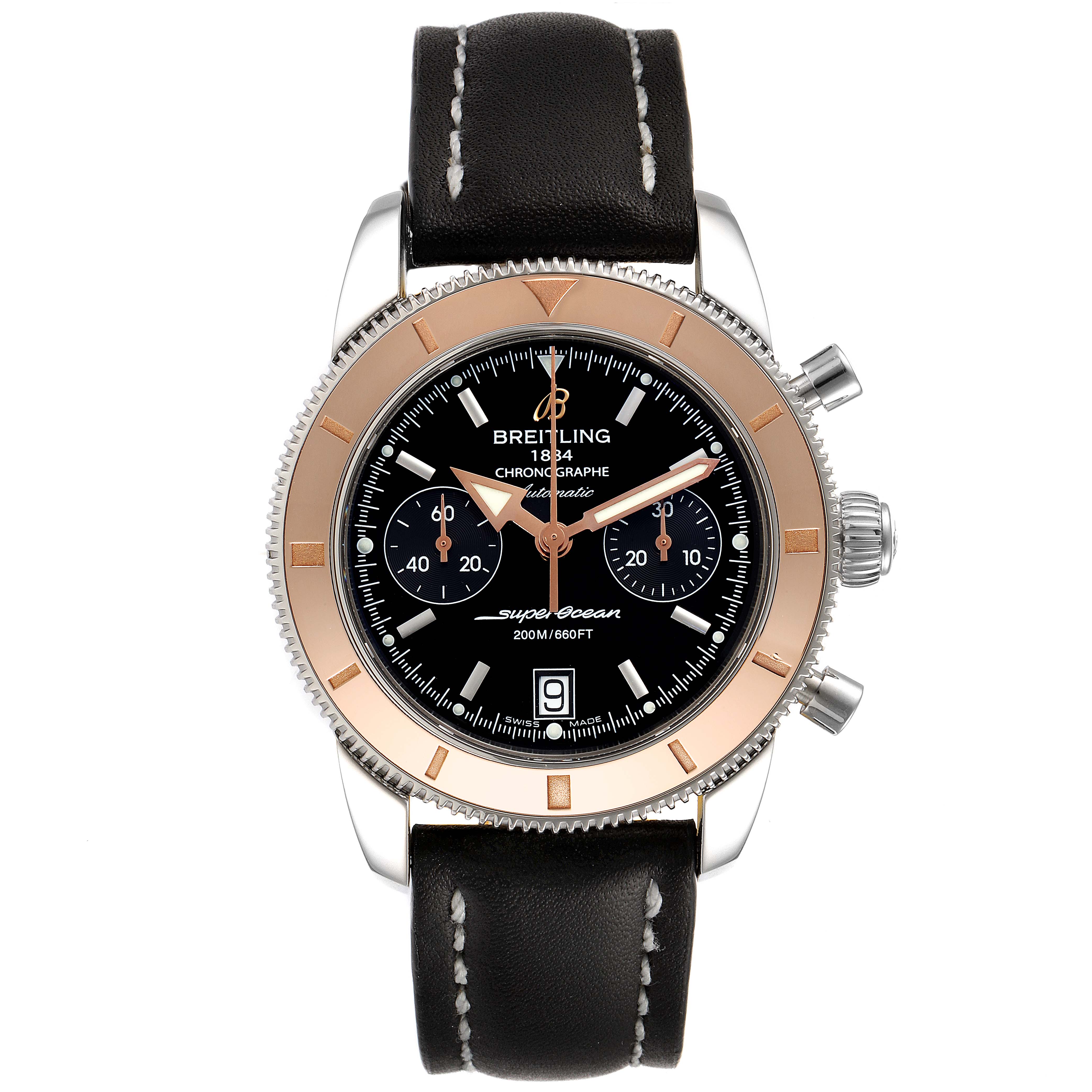 The image shows a front view of a Breitling Superocean U2337012/BB81-435X Men's Steel and Gold (two tone) Black Dial U2337012/BB81-435X Men's Steel and Gold (two tone) Black Dial watch featuring a black dial, gold bezel, leather strap, and chronograph functions.