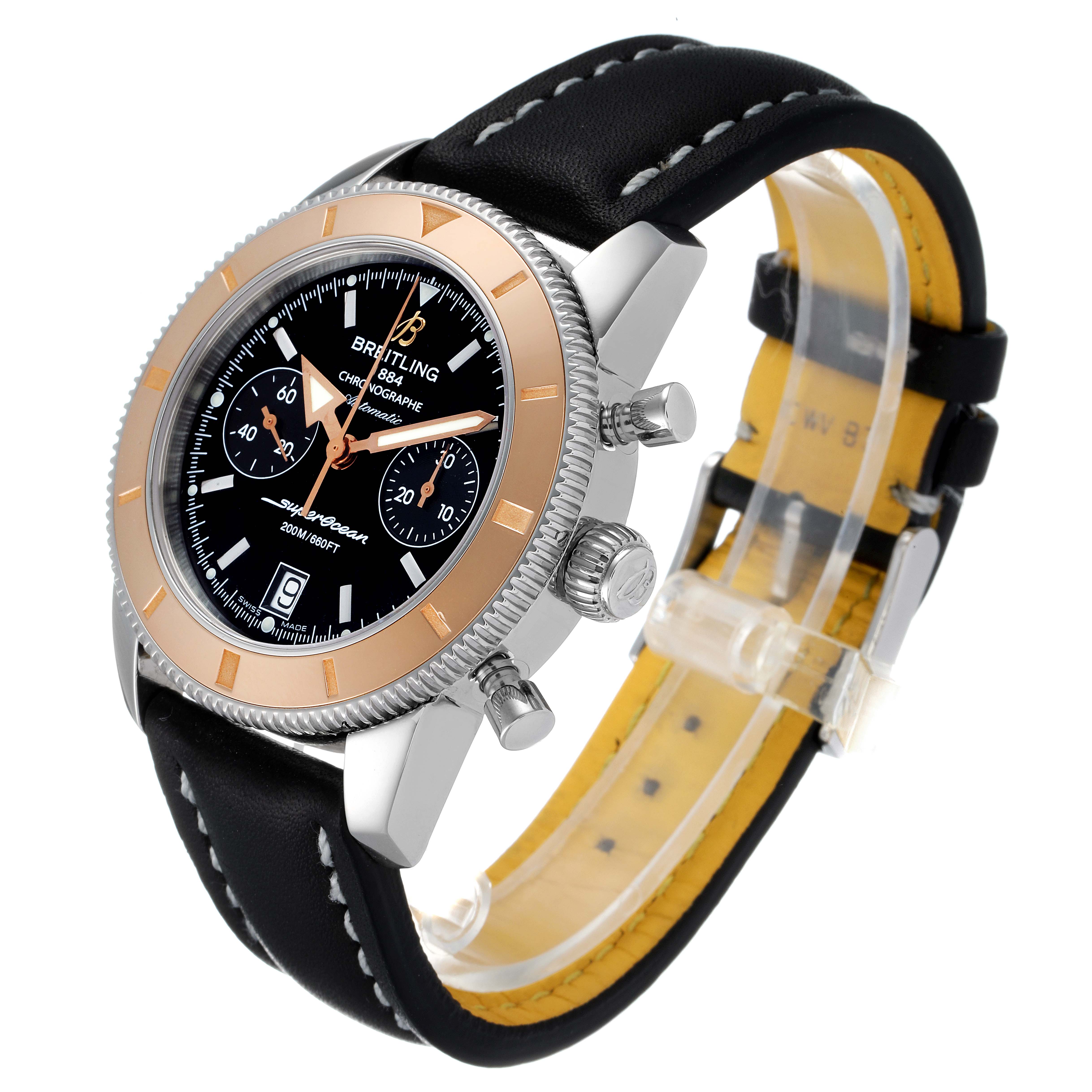 The image shows a side angle of a Breitling Superocean U2337012/BB81-435X Men's Steel and Gold (two tone) Black Dial U2337012/BB81-435X Men's Steel and Gold (two tone) Black Dial watch featuring its dial, bezel, crown, and leather strap.