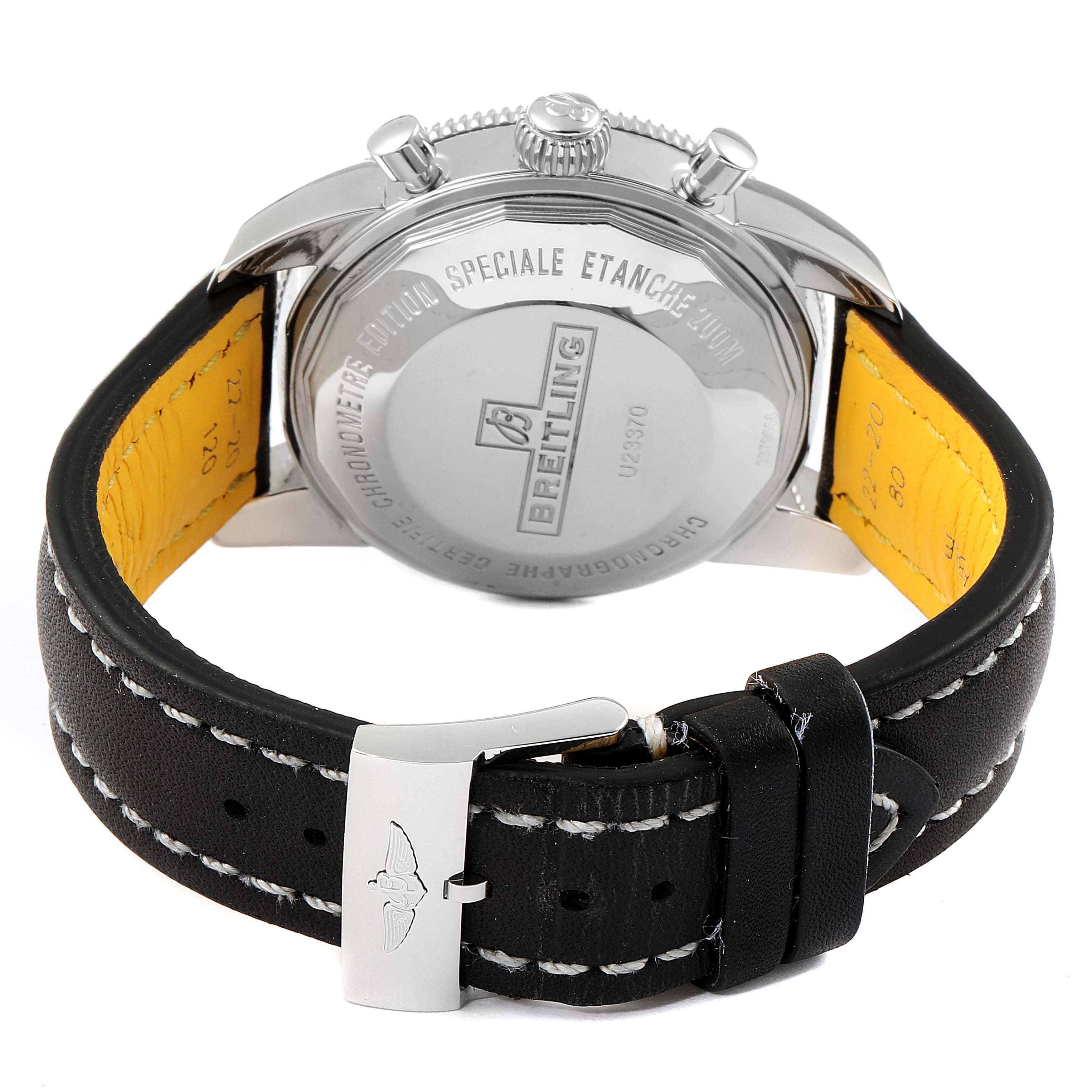 The image shows the back view of the Breitling Superocean U2337012/BB81-435X Men's Steel and Gold (two tone) Black Dial U2337012/BB81-435X Men's Steel and Gold (two tone) Black Dial watch, focusing on the case back, crown, pushers, and leather strap.