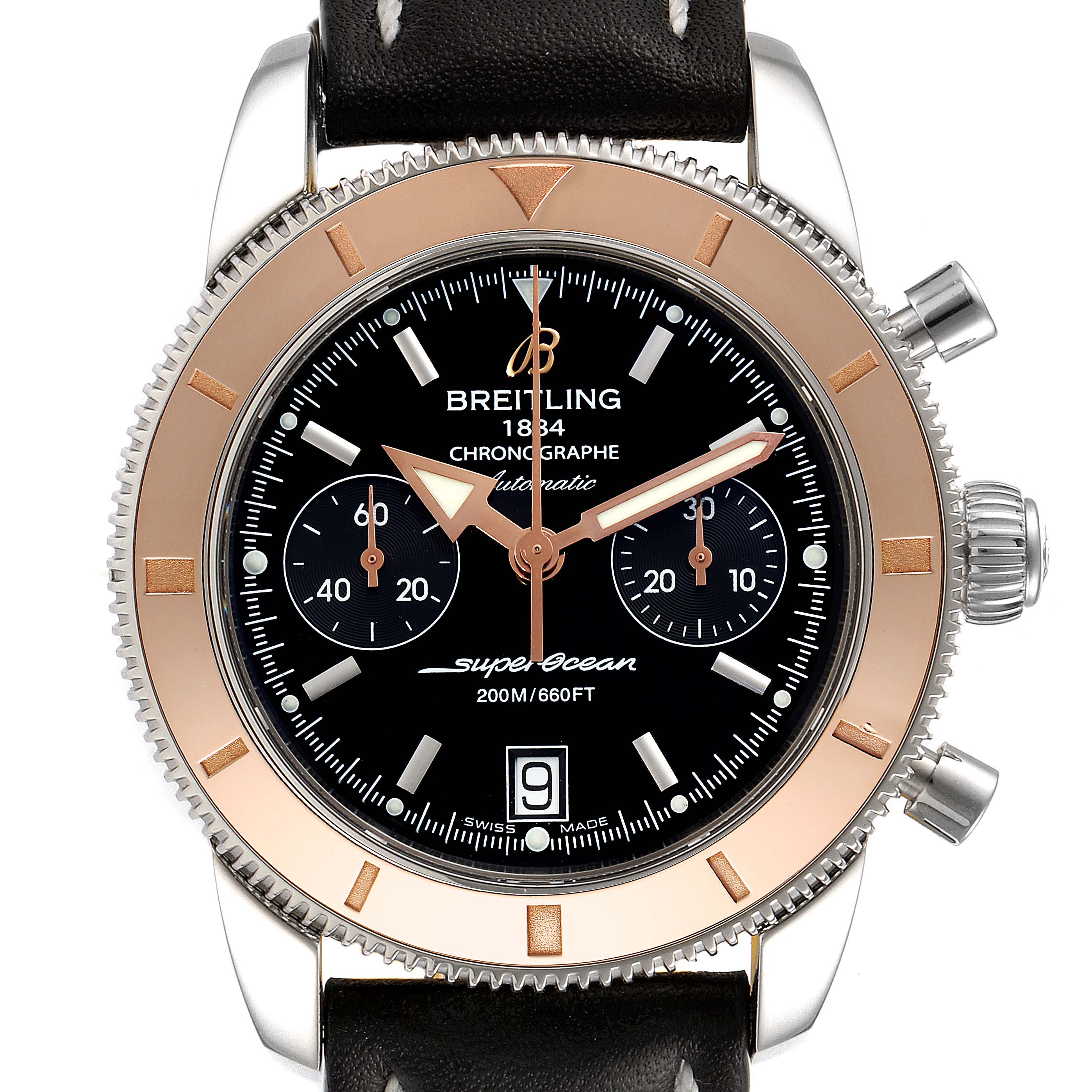 The image shows a Breitling Superocean U2337012/BB81-435X Men's Steel and Gold (two tone) Black Dial U2337012/BB81-435X Men's Steel and Gold (two tone) Black Dial watch with a black dial, chronograph features, gold bezel, and a black leather strap, viewed from the front.
