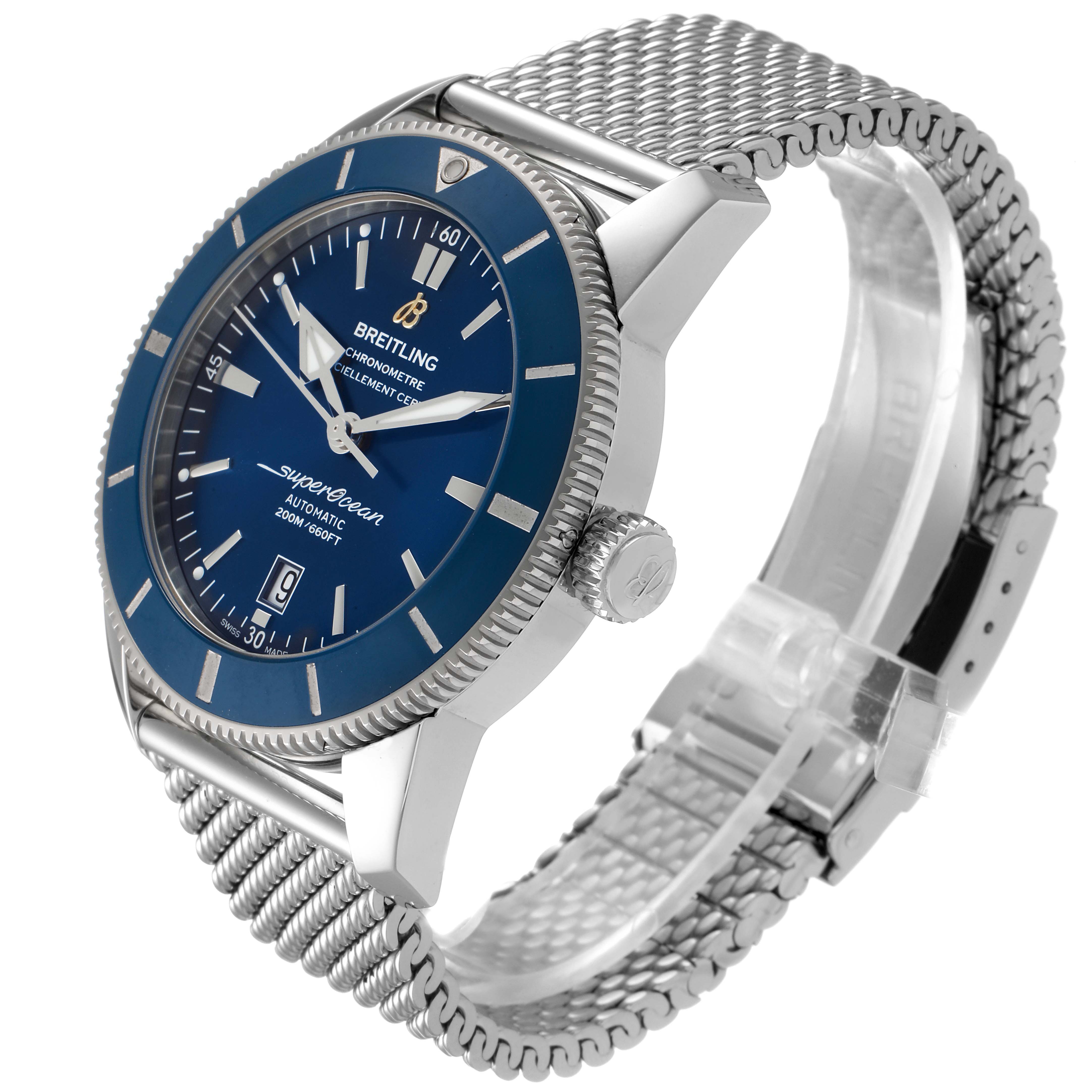 The angle shows a side and front view of the Breitling Superocean AB202016-C961-152A Men's Stainless Steel Blue Dial AB202016-C961-152A Men's Stainless Steel Blue Dial's face, bezel, crown, and mesh bracelet.