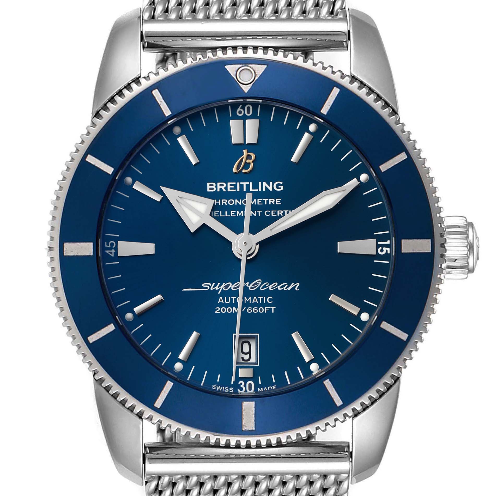 This image shows a front view of a Breitling Superocean AB202016-C961-152A Men's Stainless Steel Blue Dial AB202016-C961-152A Men's Stainless Steel Blue Dial watch, highlighting its blue dial, bezel, and mesh bracelet.