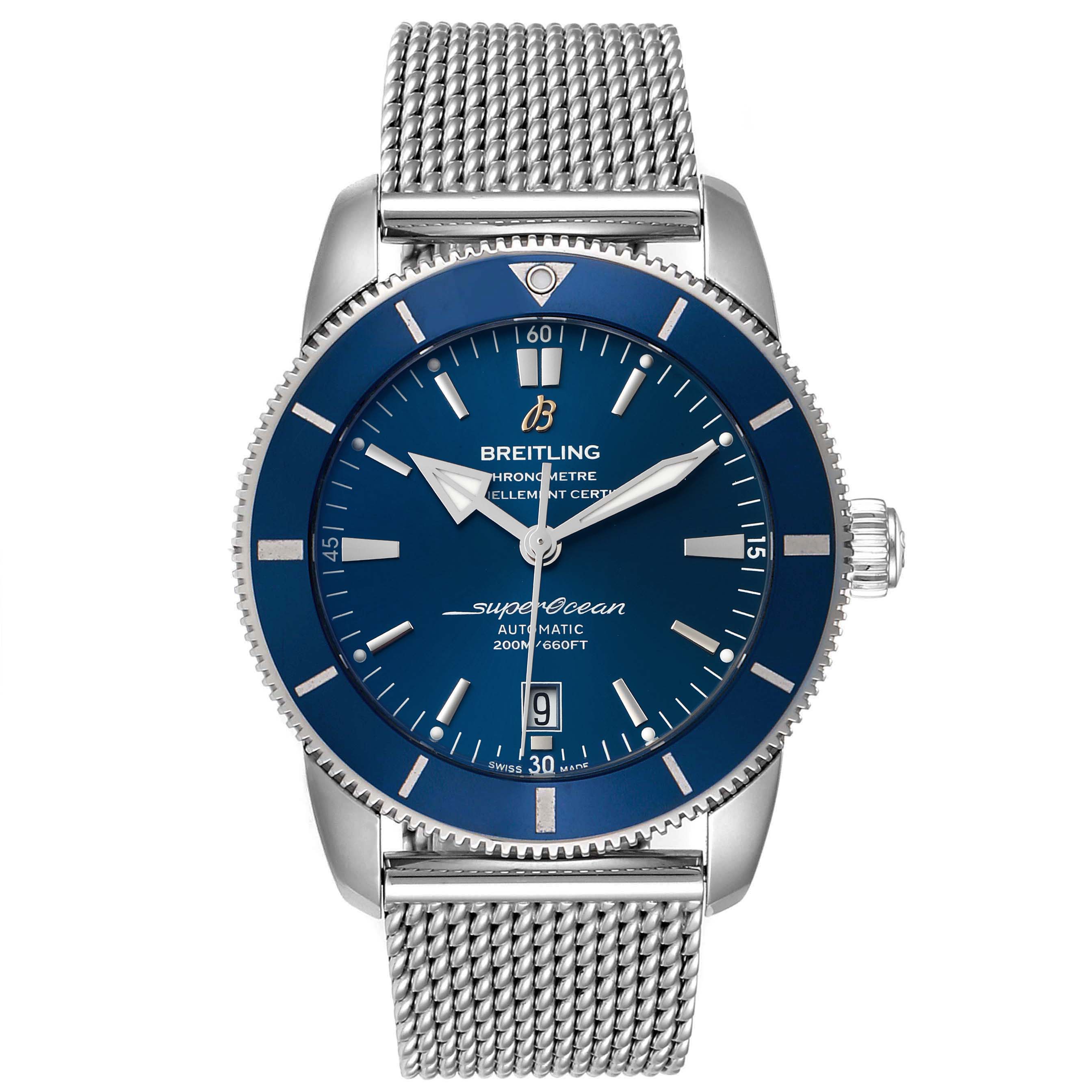 The Breitling Superocean AB202016-C961-152A Men's Stainless Steel Blue Dial AB202016-C961-152A Men's Stainless Steel Blue Dial watch is shown from a front angle, displaying the dial, bezel, hands, crown, and metal mesh bracelet.