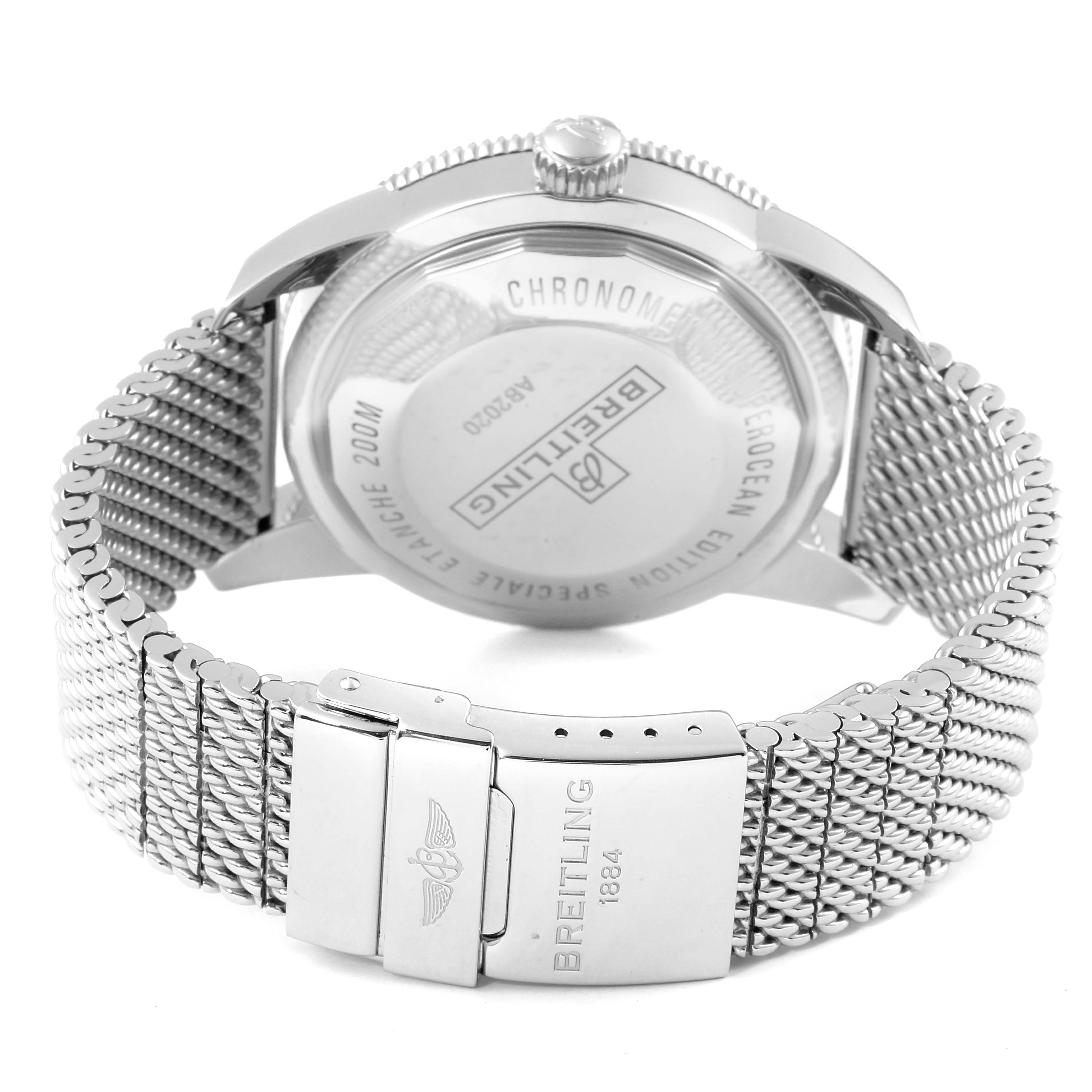 The image shows the back case and mesh strap of a Breitling Superocean AB202016-C961-152A Men's Stainless Steel Blue Dial AB202016-C961-152A Men's Stainless Steel Blue Dial watch, featuring the brand's engraving on the clasp.