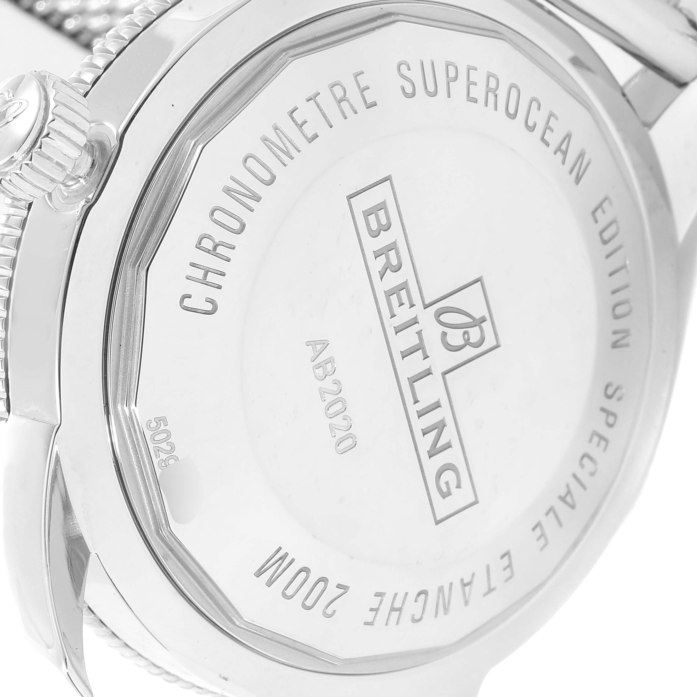 The image shows the case back and crown of the Breitling Superocean AB202016-C961-152A Men's Stainless Steel Blue Dial AB202016-C961-152A Men's Stainless Steel Blue Dial watch with engraved details including water resistance and model information.