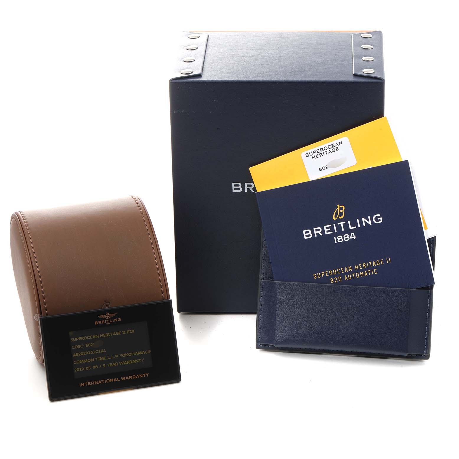 This image shows the Breitling Superocean AB202016-C961-152A Men's Stainless Steel Blue Dial AB202016-C961-152A Men's Stainless Steel Blue Dial watch accessories including a watch case, a box, warranty card, and instruction manuals.