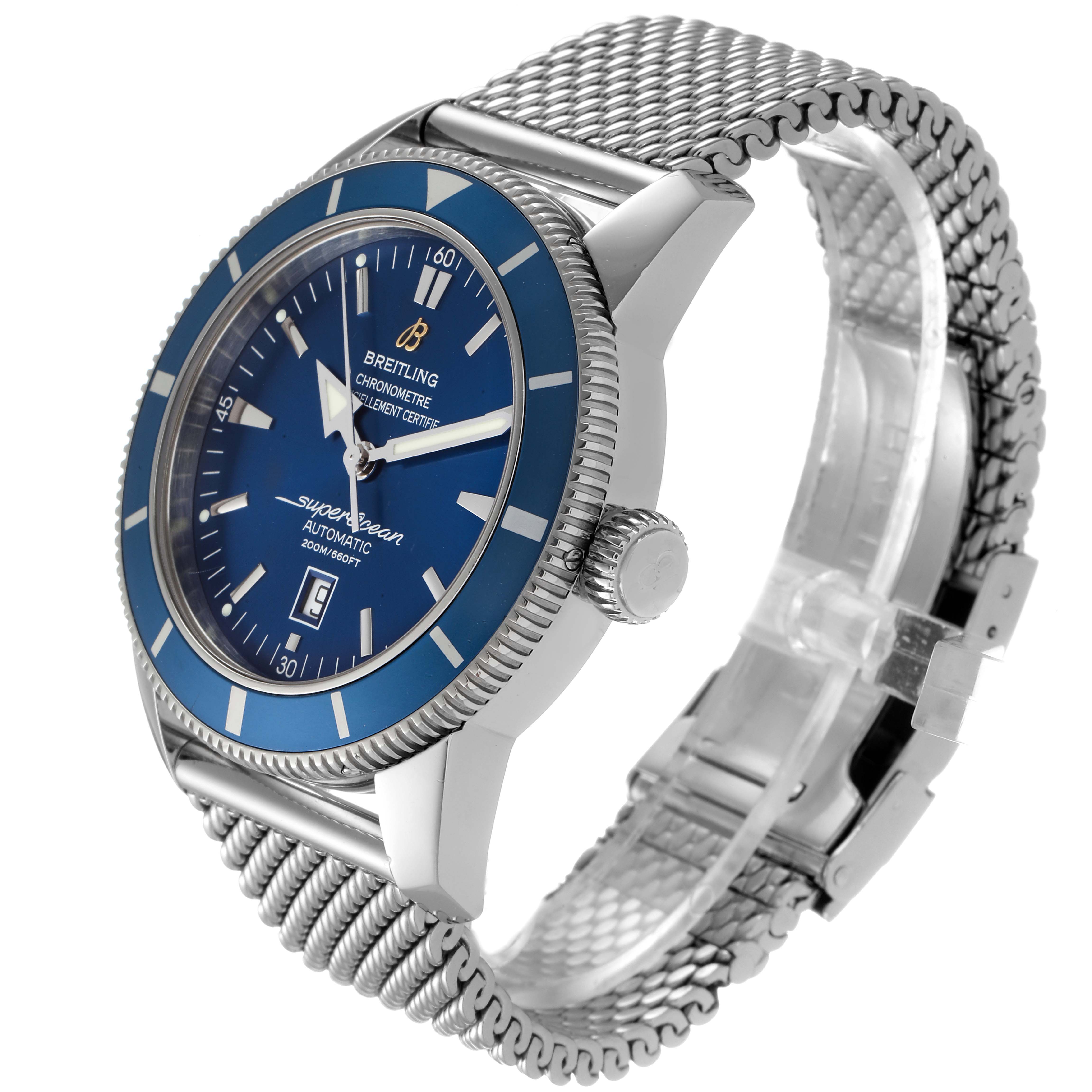 The image shows a Breitling Superocean A17320 Men
s Stainless Steel Blue Dial A17320 Men
s Stainless Steel Blue Dial watch at an angle highlighting its face, bezel, and metal mesh strap.