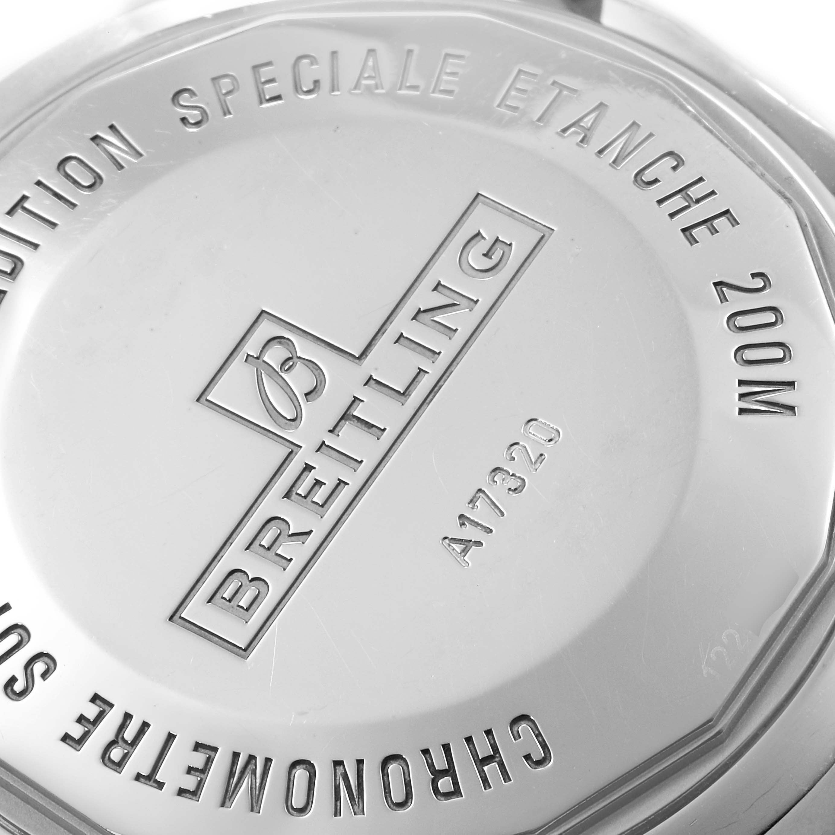 This image shows the back case of a Breitling Superocean A17320 Men
s Stainless Steel Blue Dial A17320 Men
s Stainless Steel Blue Dial watch with model number A17320 and water resistance of 200 meters.