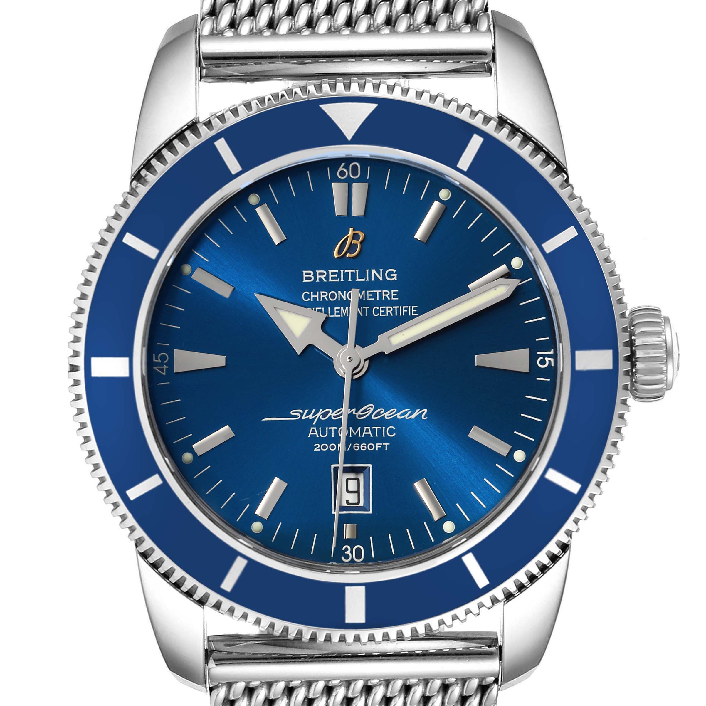 This image shows a close-up of the dial, bezel, crown, and part of the bracelet of the Breitling Superocean A17320 Men
s Stainless Steel Blue Dial A17320 Men
s Stainless Steel Blue Dial watch.