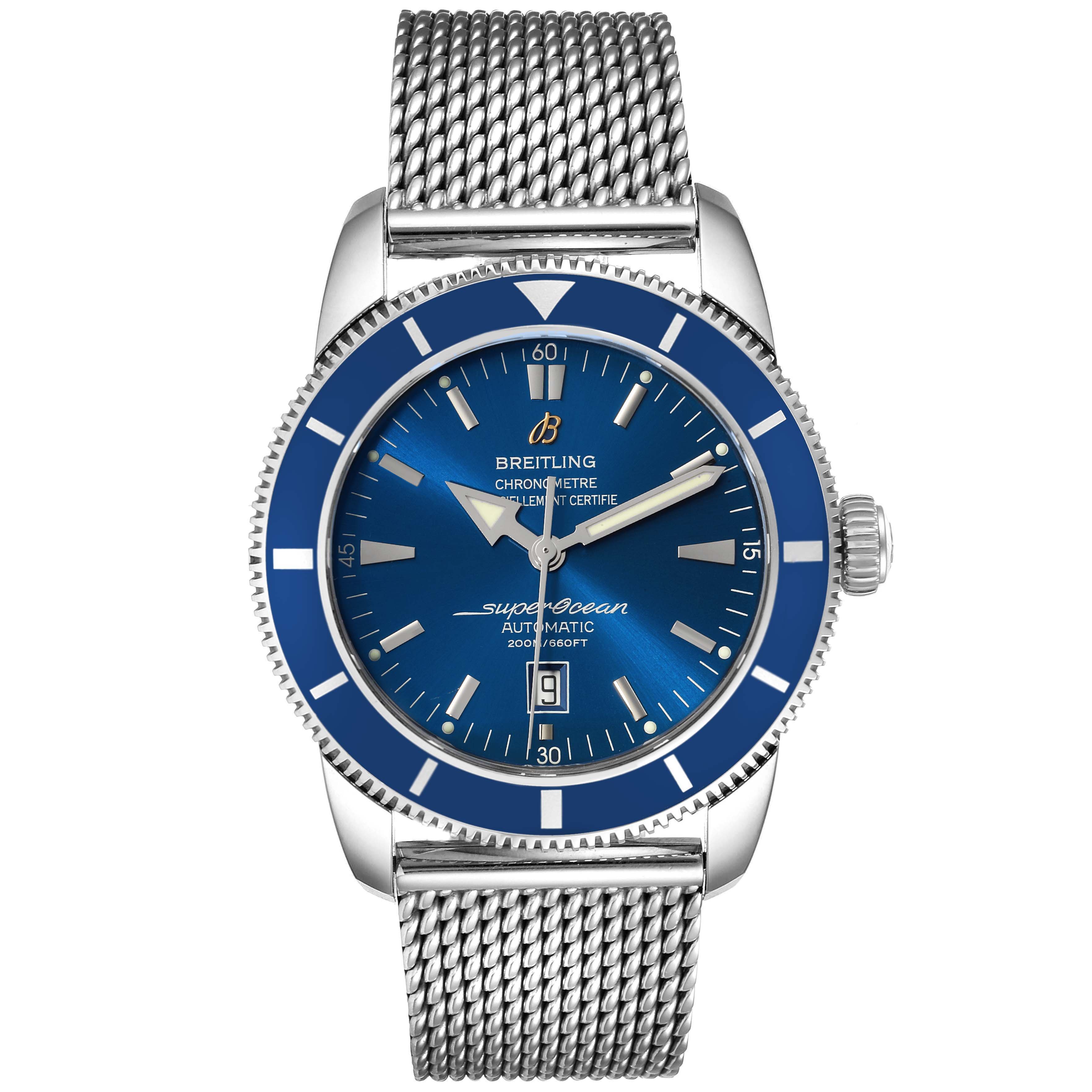 This image shows a Breitling Superocean A17320 Men
s Stainless Steel Blue Dial A17320 Men
s Stainless Steel Blue Dial watch from the front, showcasing its blue dial, bezel, and mesh bracelet.