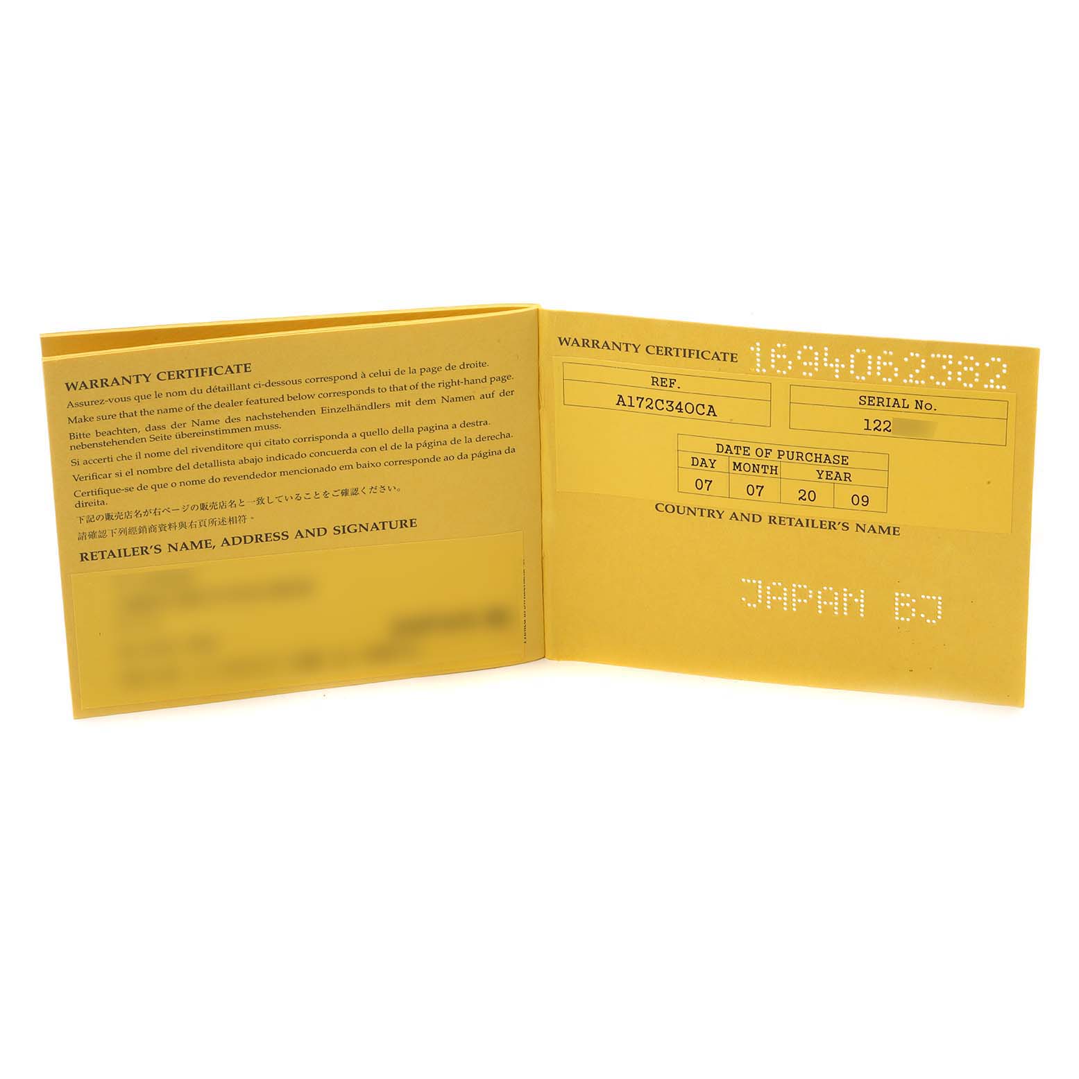 The image shows an open warranty certificate for a Breitling Superocean A17320 Men
s Stainless Steel Blue Dial A17320 Men
s Stainless Steel Blue Dial watch, displaying the reference and purchase details.