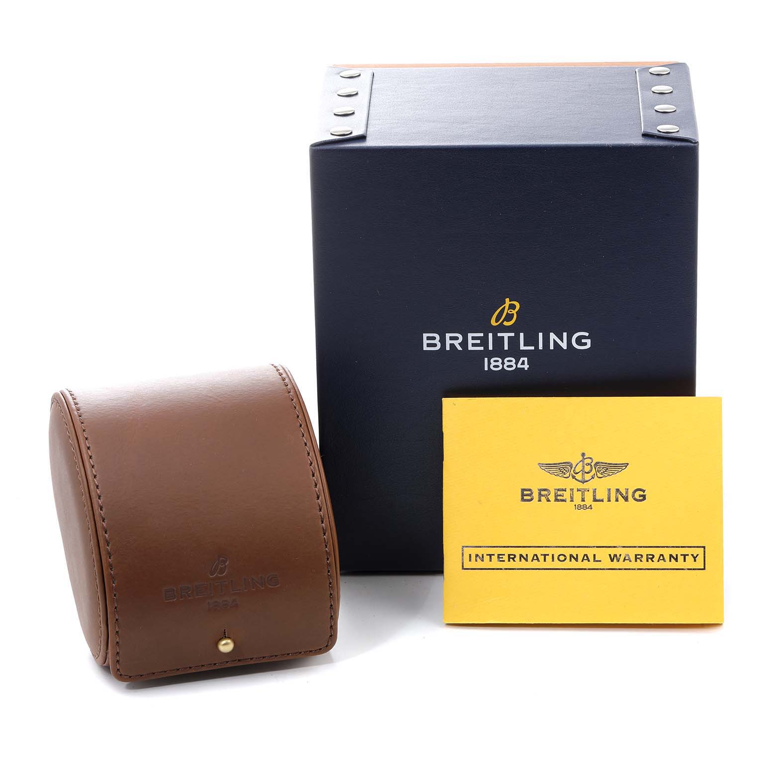 The image shows a Breitling Superocean A17320 Men
s Stainless Steel Blue Dial A17320 Men
s Stainless Steel Blue Dial model
s box, travel case, and warranty card from a front angle.