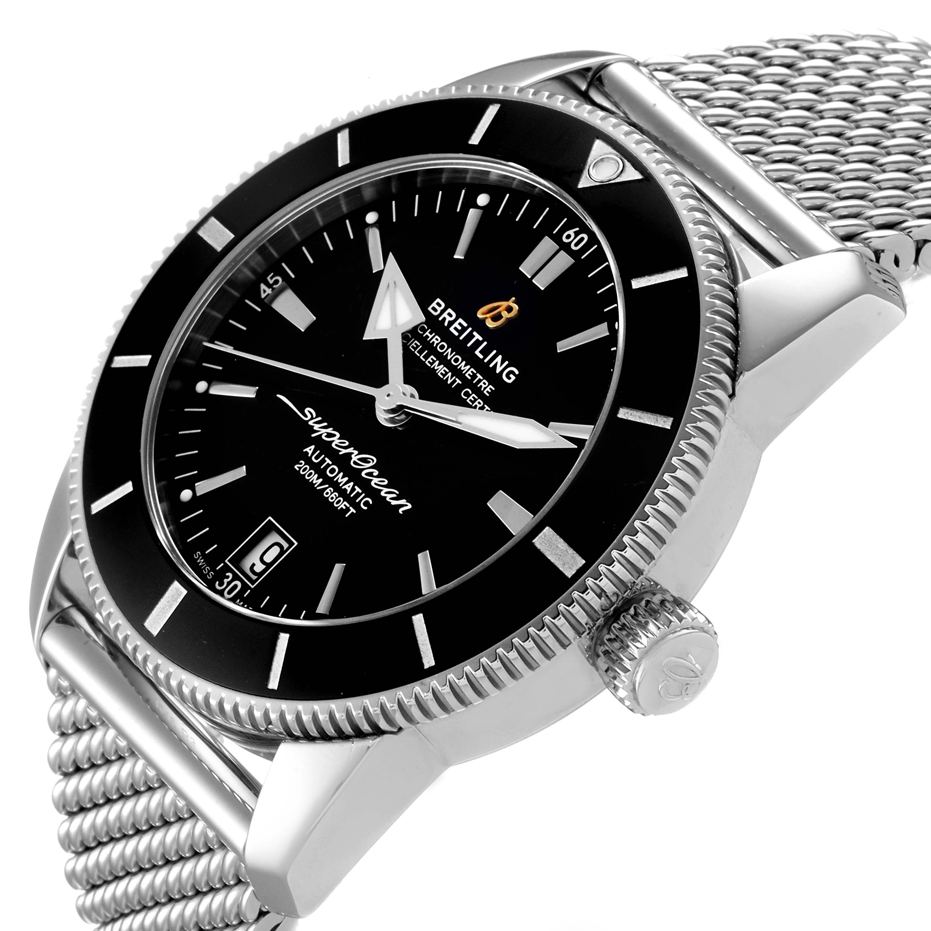 The image shows a close-up angled view of a Breitling Superocean AB2010161C1A1 Men's Stainless Steel Black Dial AB2010161C1A1 Men's Stainless Steel Black Dial watch face, bezel, crown, and mesh strap.