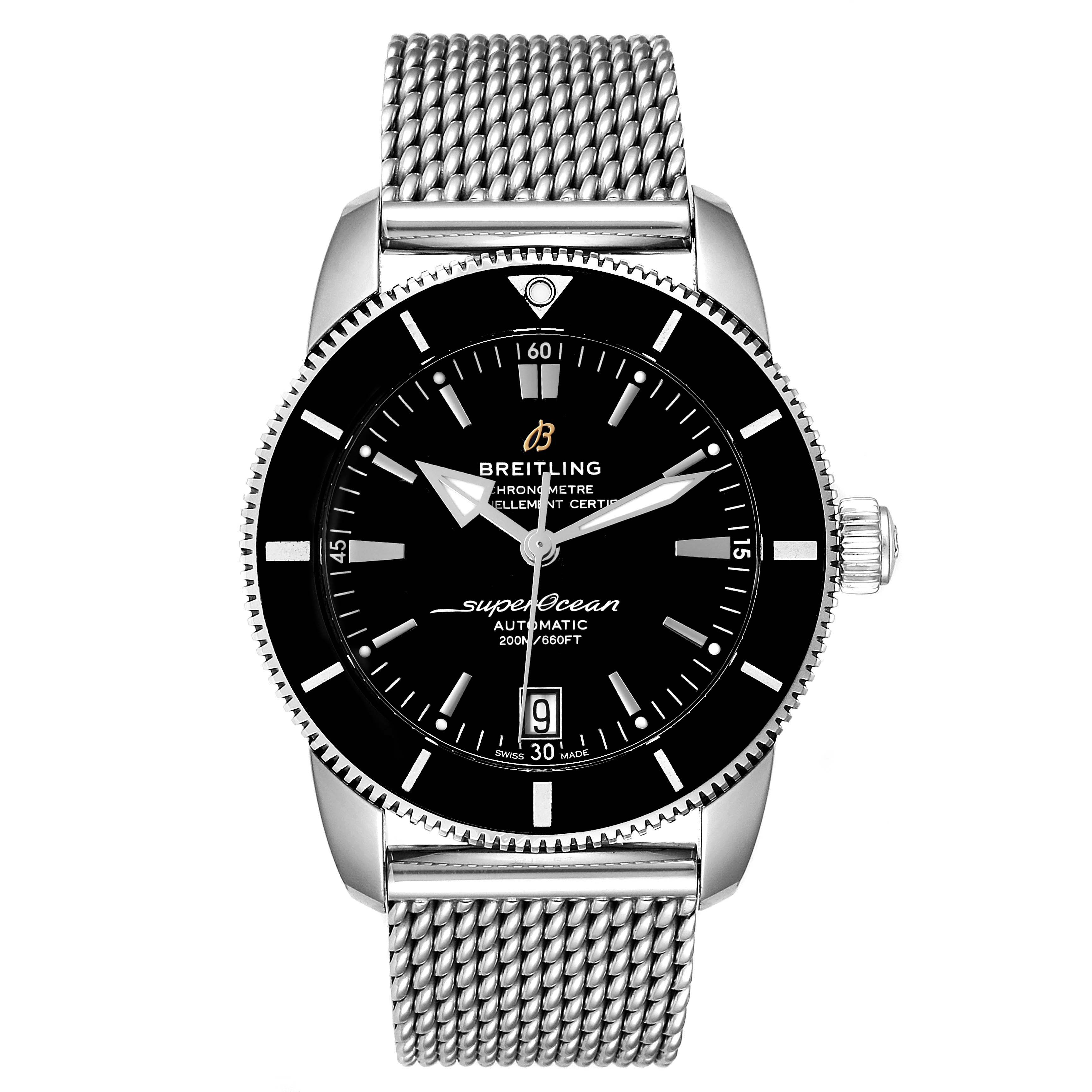 The image shows a front view of the Breitling Superocean AB2010161C1A1 Men's Stainless Steel Black Dial AB2010161C1A1 Men's Stainless Steel Black Dial watch, highlighting its dial, bezel, and mesh band.