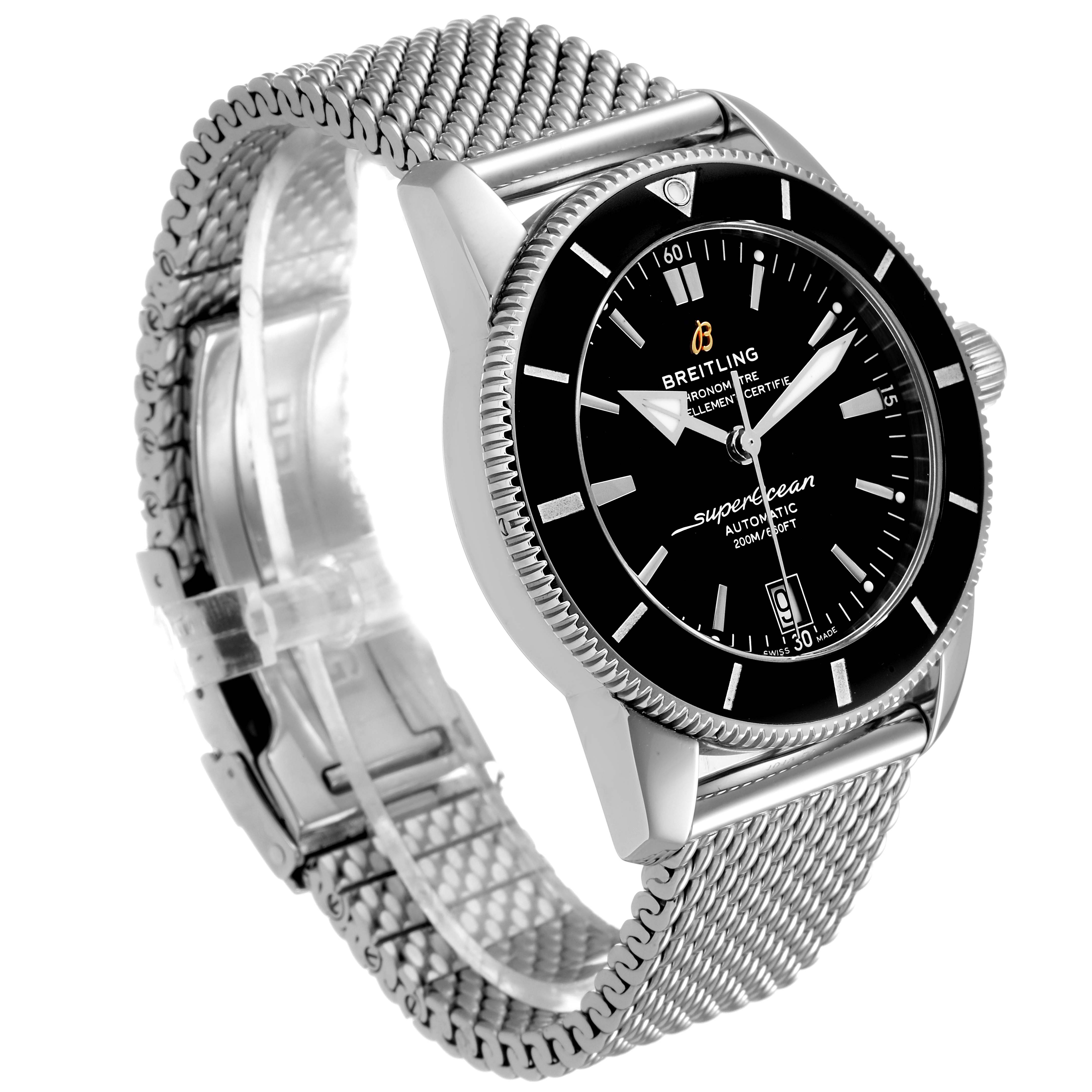 The Breitling Superocean AB2010161C1A1 Men's Stainless Steel Black Dial AB2010161C1A1 Men's Stainless Steel Black Dial watch is shown at an angle revealing the face, bezel, and a portion of the mesh bracelet.