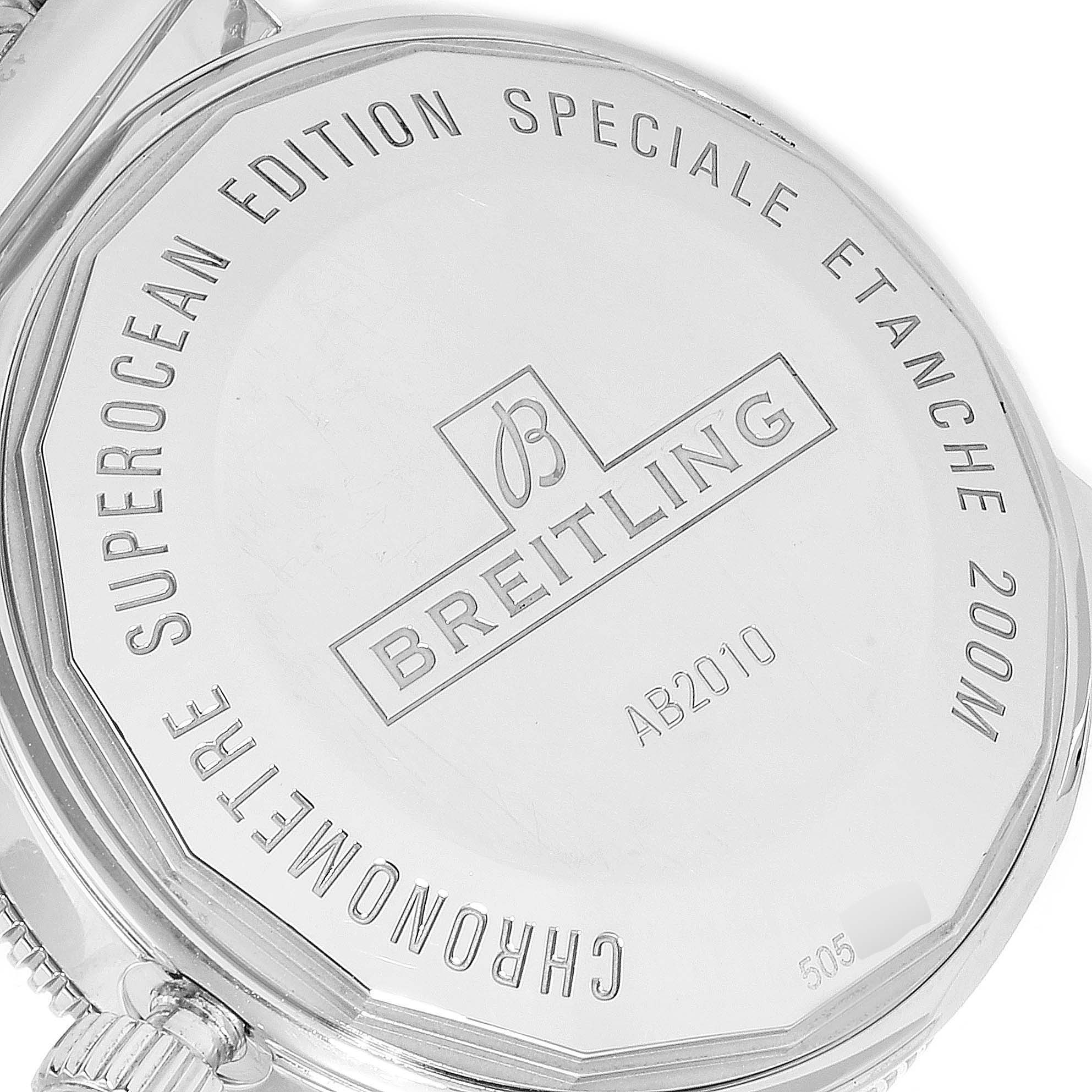 The image shows the back case of a Breitling Superocean AB2010161C1A1 Men's Stainless Steel Black Dial AB2010161C1A1 Men's Stainless Steel Black Dial watch, displaying model details and water resistance information.