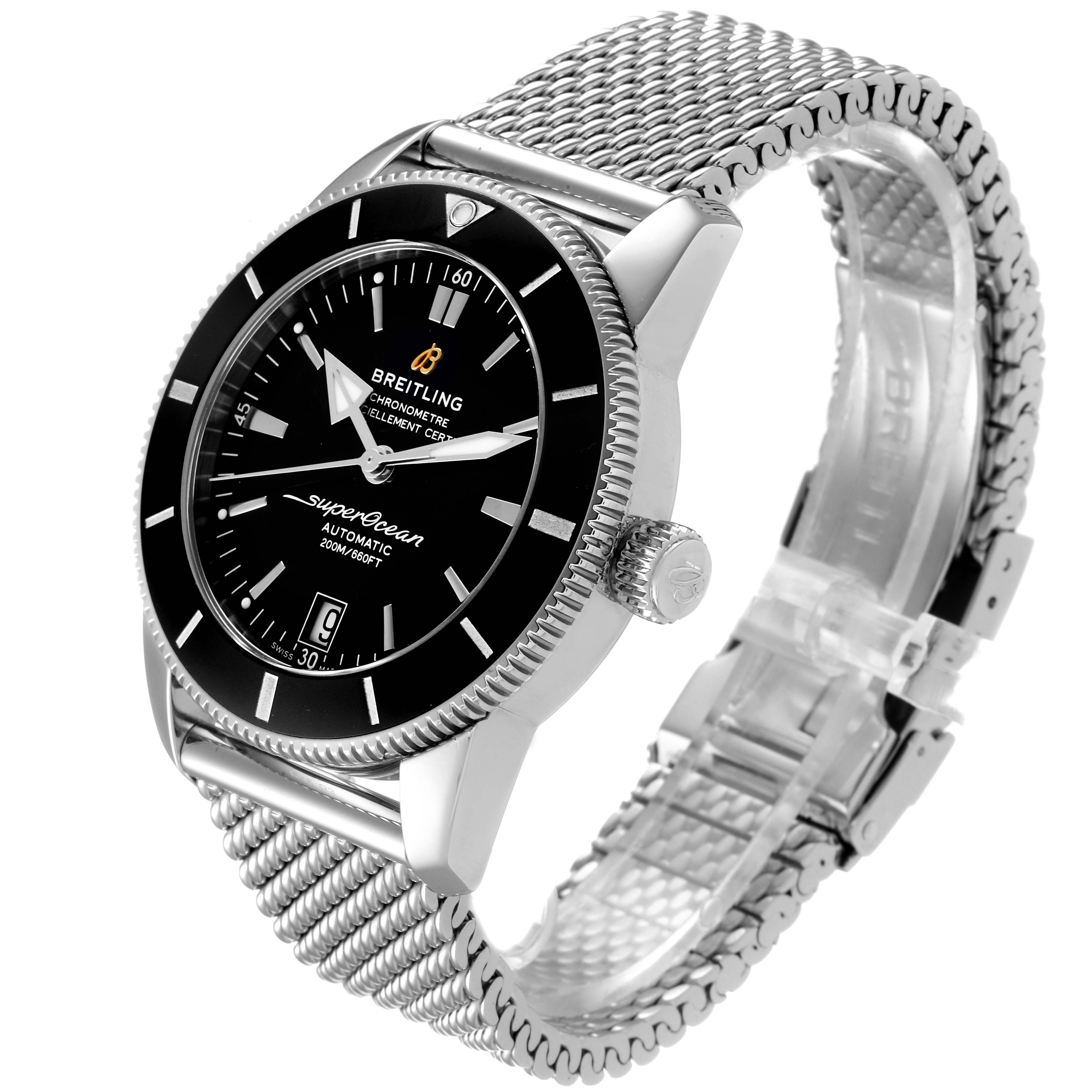 The Breitling Superocean AB2010161C1A1 Men's Stainless Steel Black Dial AB2010161C1A1 Men's Stainless Steel Black Dial watch is shown at an angle highlighting its face, crown, and mesh bracelet.
