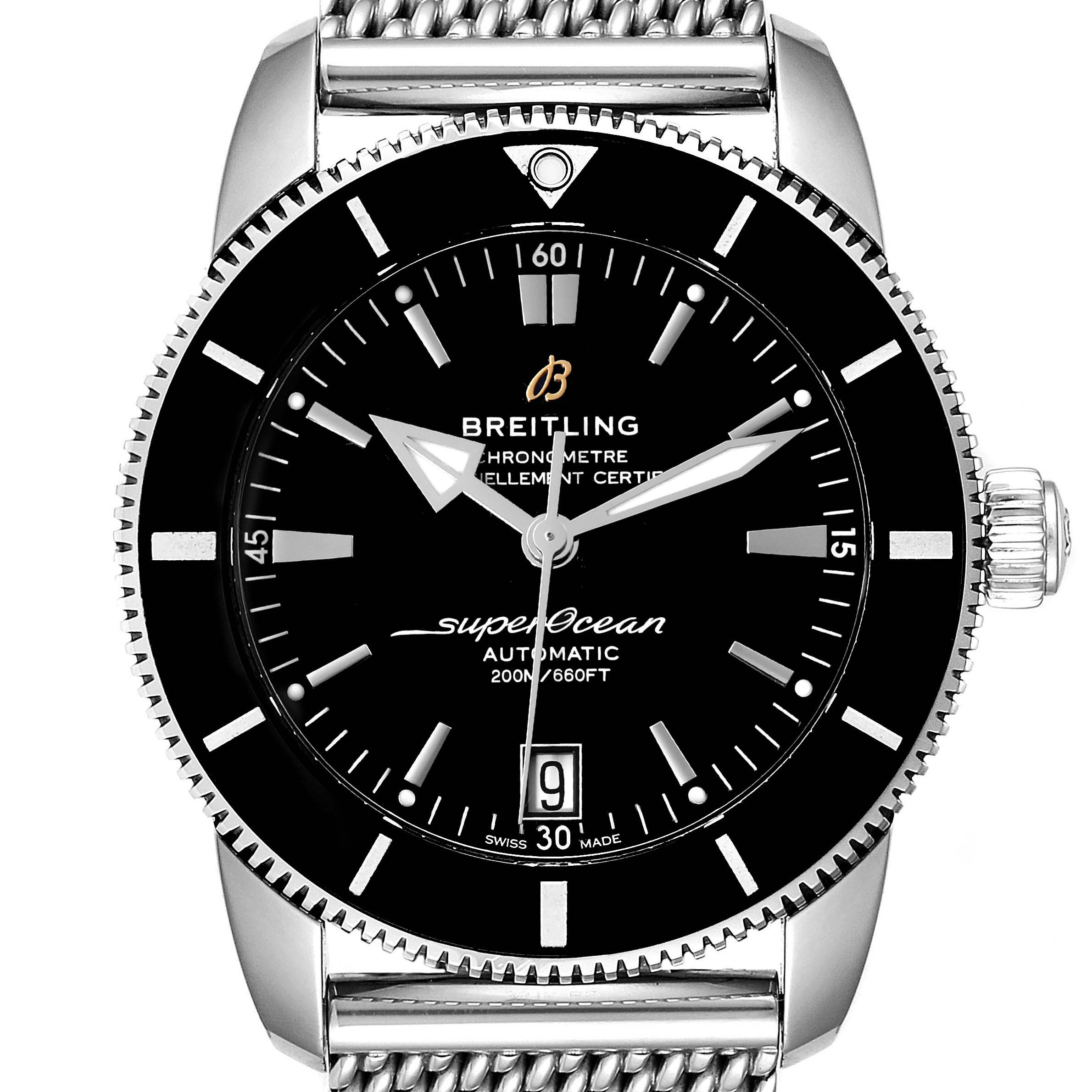 The image shows a front view of a Breitling Superocean AB2010161C1A1 Men's Stainless Steel Black Dial AB2010161C1A1 Men's Stainless Steel Black Dial watch, highlighting the dial, bezel, hands, and part of the bracelet.