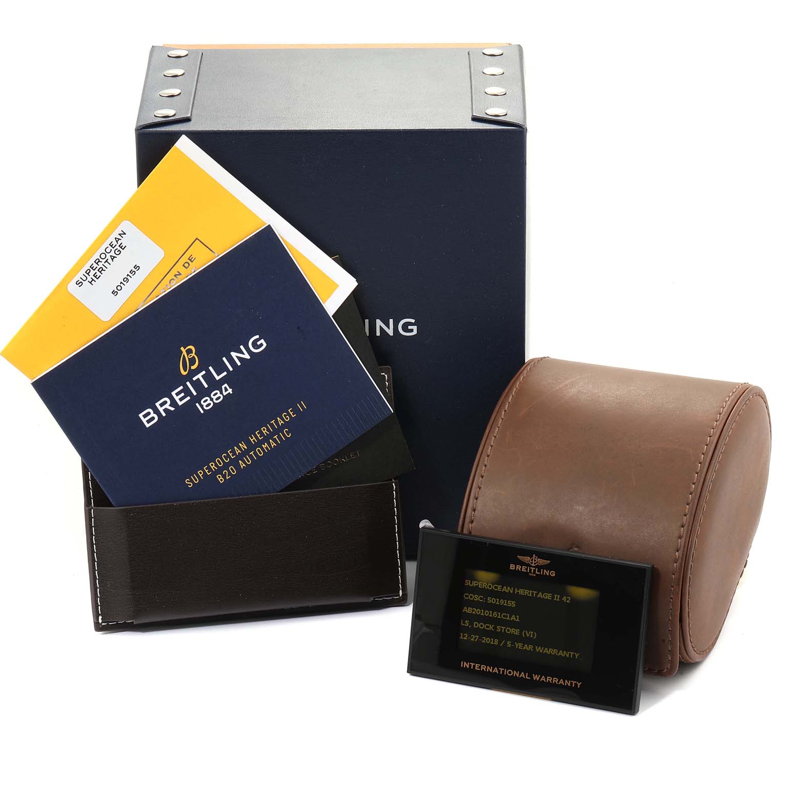 The image shows Breitling Superocean AB2010161C1A1 Men's Stainless Steel Blue Dial AB2010161C1A1 Men's Stainless Steel Blue Dial accessories including a leather case, warranty card, manuals, and a branded box.