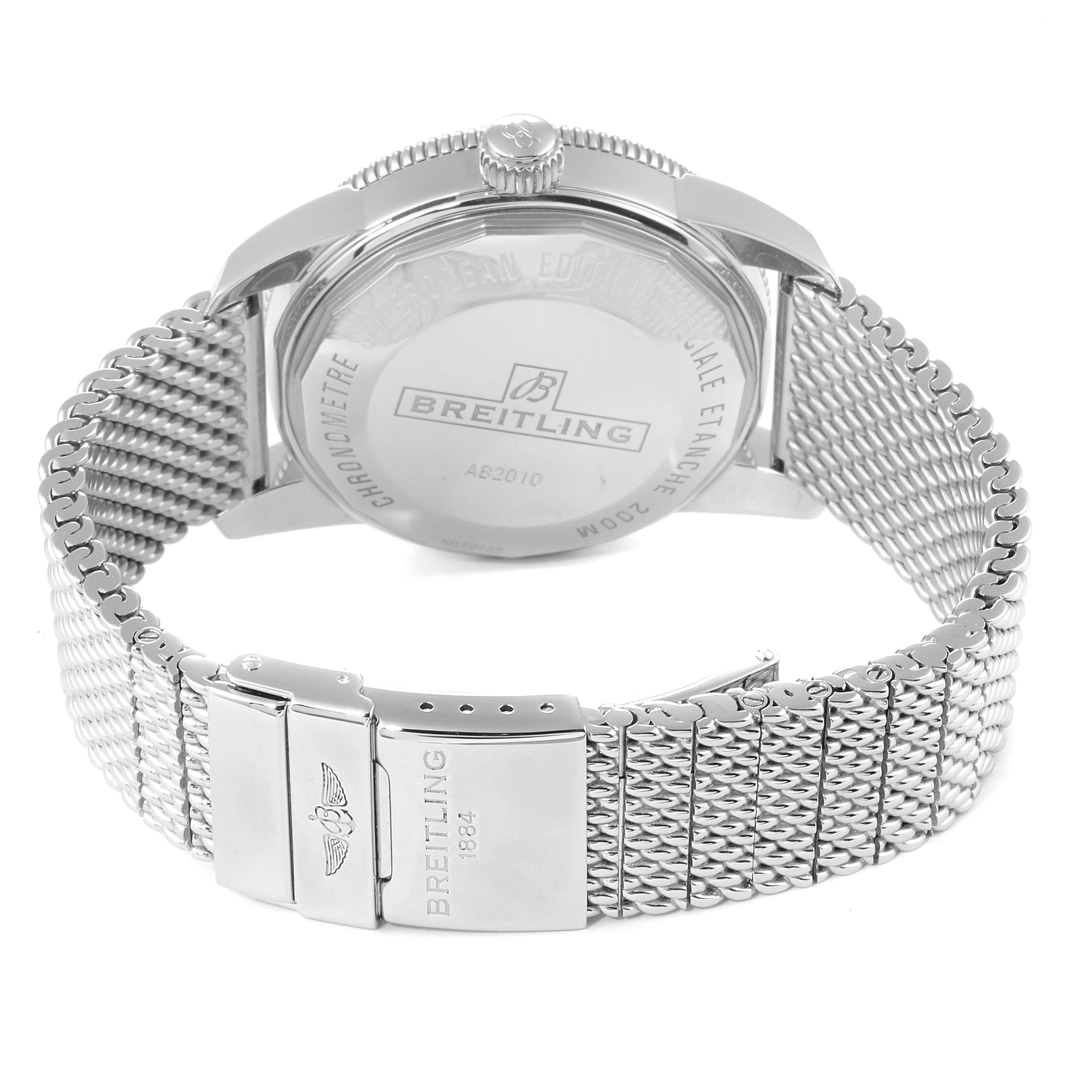 The image shows the back and clasp of the Breitling Superocean AB2010161C1A1 Men's Stainless Steel Blue Dial AB2010161C1A1 Men's Stainless Steel Blue Dial watch, highlighting the case back and metal mesh strap.